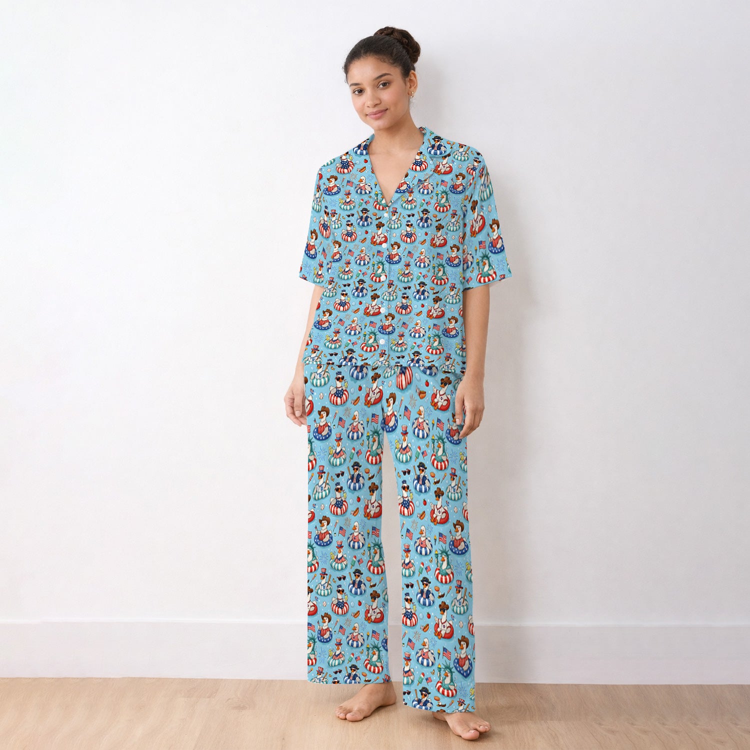 Funny Patriotic Duck Pool Party Pattern Pajama Set, Soft Breathable Fabric Comfortable Sleepwear