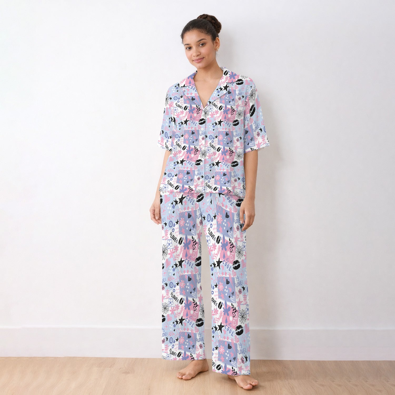 Cute Love Hearts Doodle Print Pajama Set, Soft Breathable Fabric Comfortable Sleepwear
