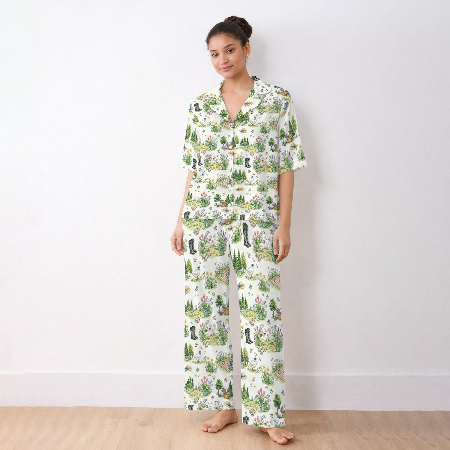 Cute Duck Garden Pattern Pajama Set, Breathable Fabrics Uniform