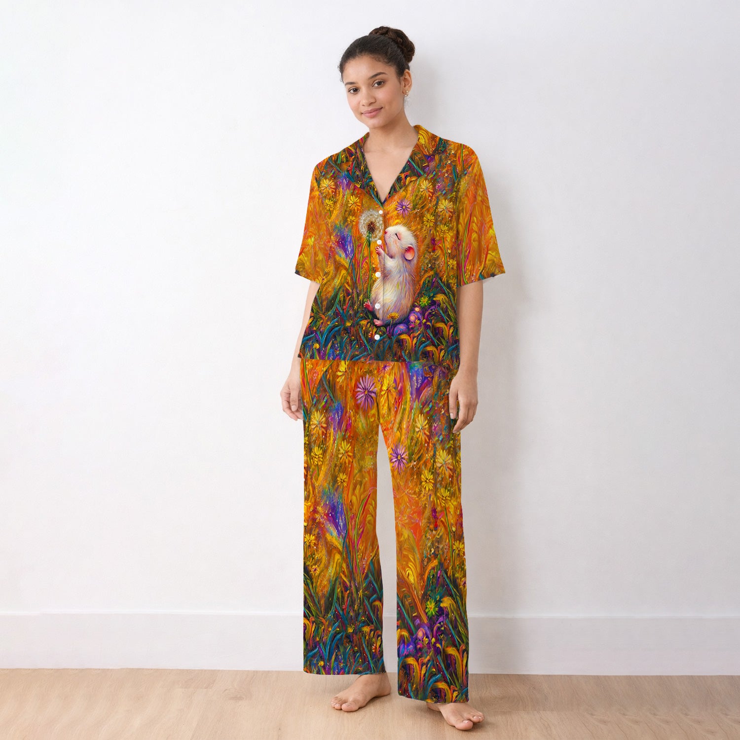 Cute Whimsical Mouse Dandelion Pattern Pajama Set, Soft Breathable Fabric Comfortable Sleepwear