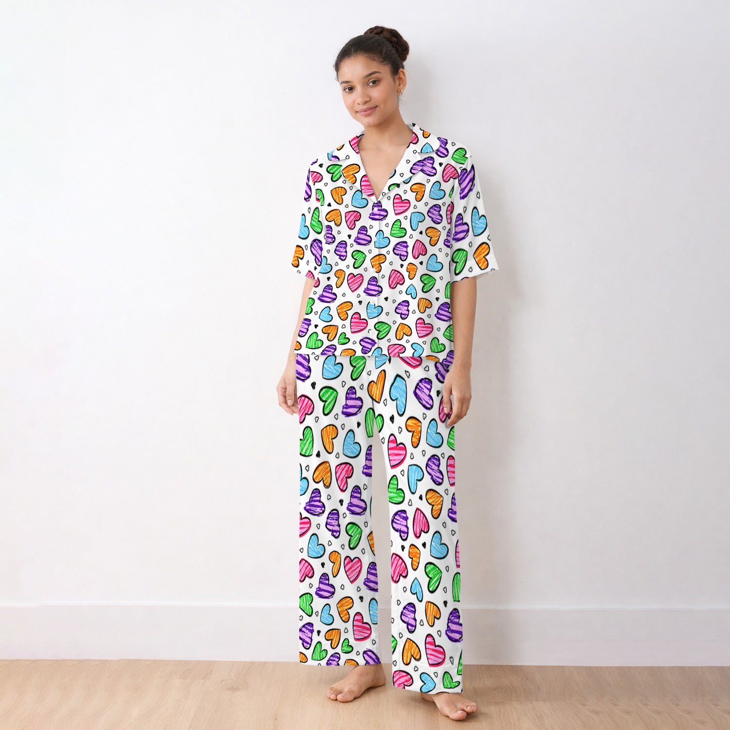 Colorful Doodle Heart Pattern Pajama Set, Soft Breathable Fabric Comfortable Sleepwear