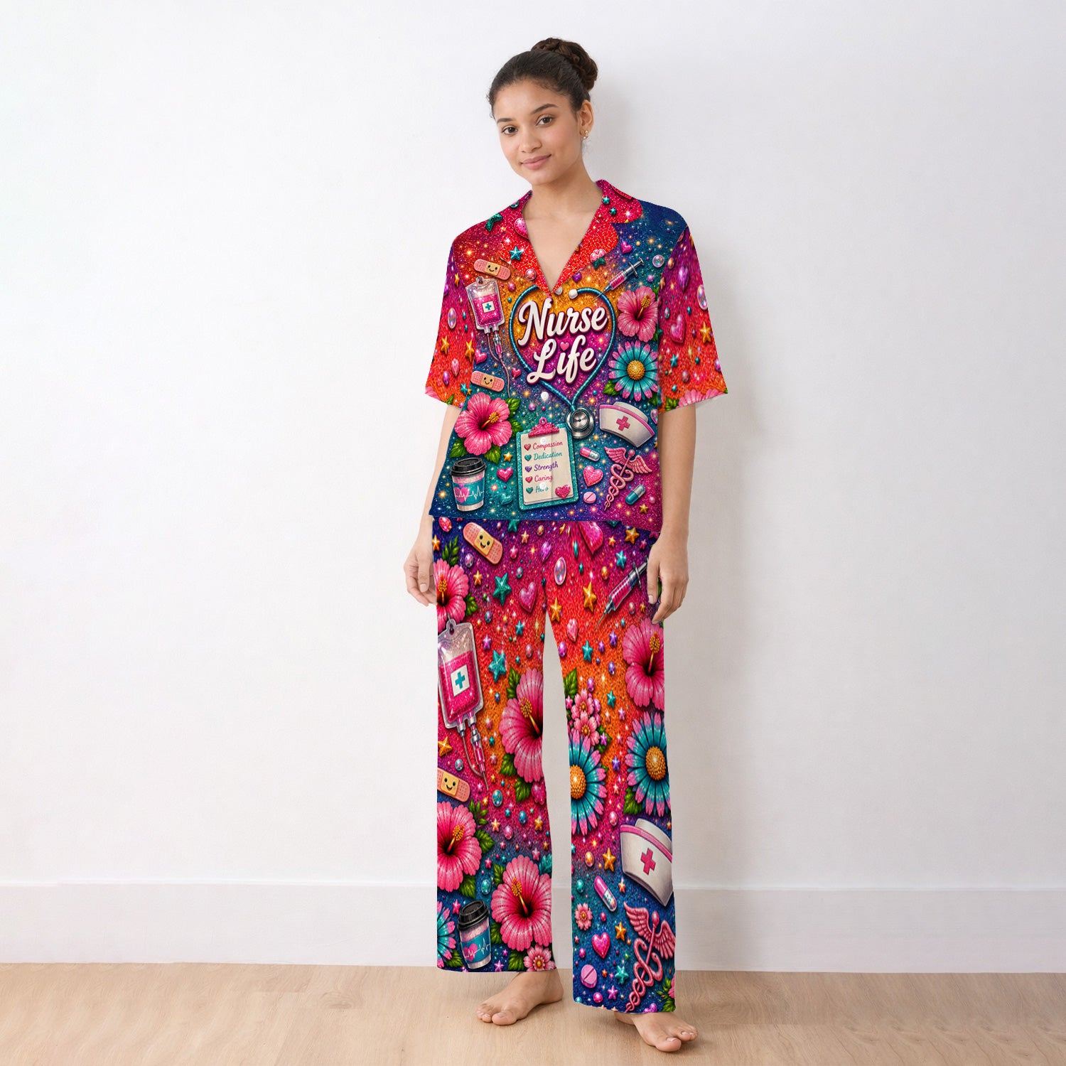 Colorful Nurse Life Heart Pattern Pajama Set, Soft Breathable Fabric Comfortable Sleepwear