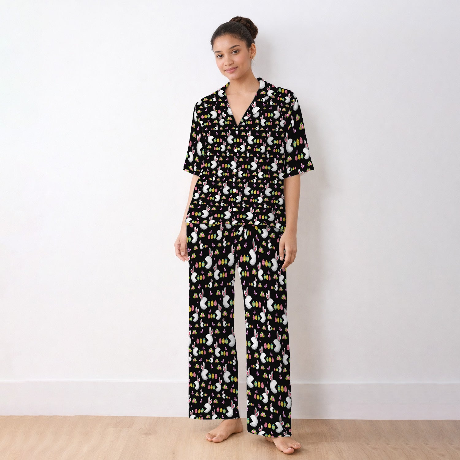 Easter Bunny and Colorful Eggs Print  Pajama Set, Breathable Fabrics Uniform