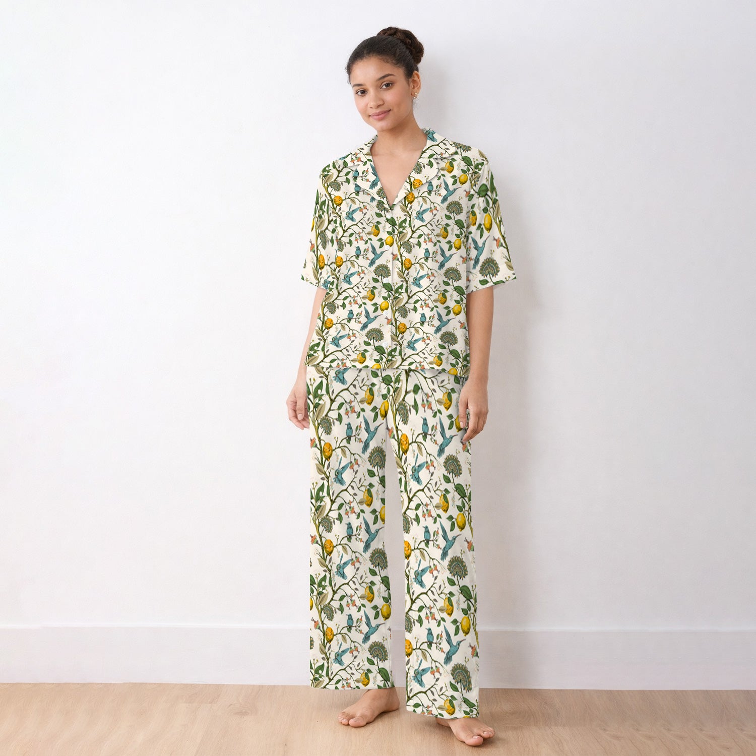 Cute Hummingbird Lemon Floral Pattern Pajama Set, Soft Breathable Fabric Comfortable Sleepwear