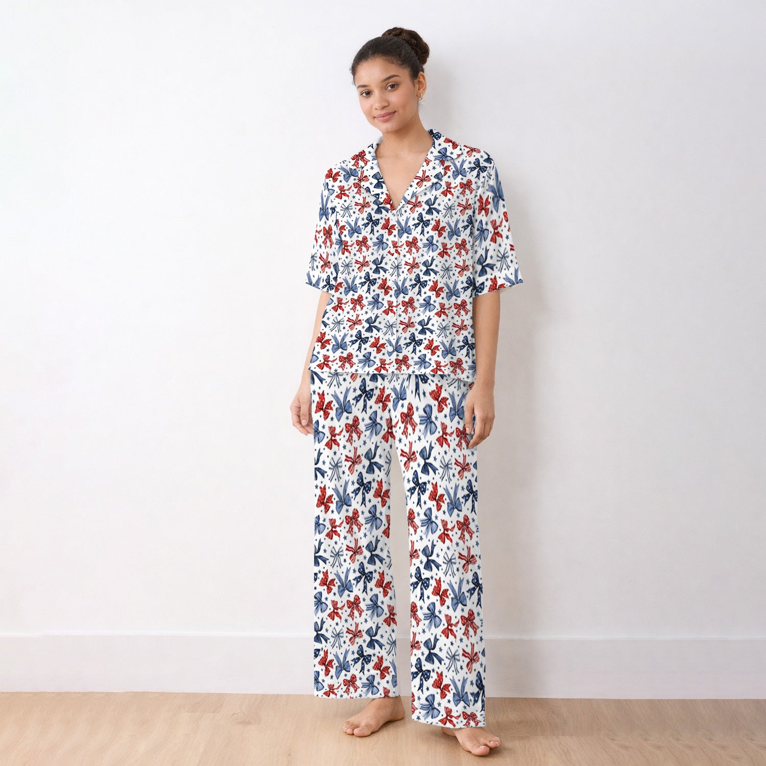 Patriotic Red Blue Ribbon Pattern Pajama Set, Soft Breathable Fabric Comfortable Sleepwear