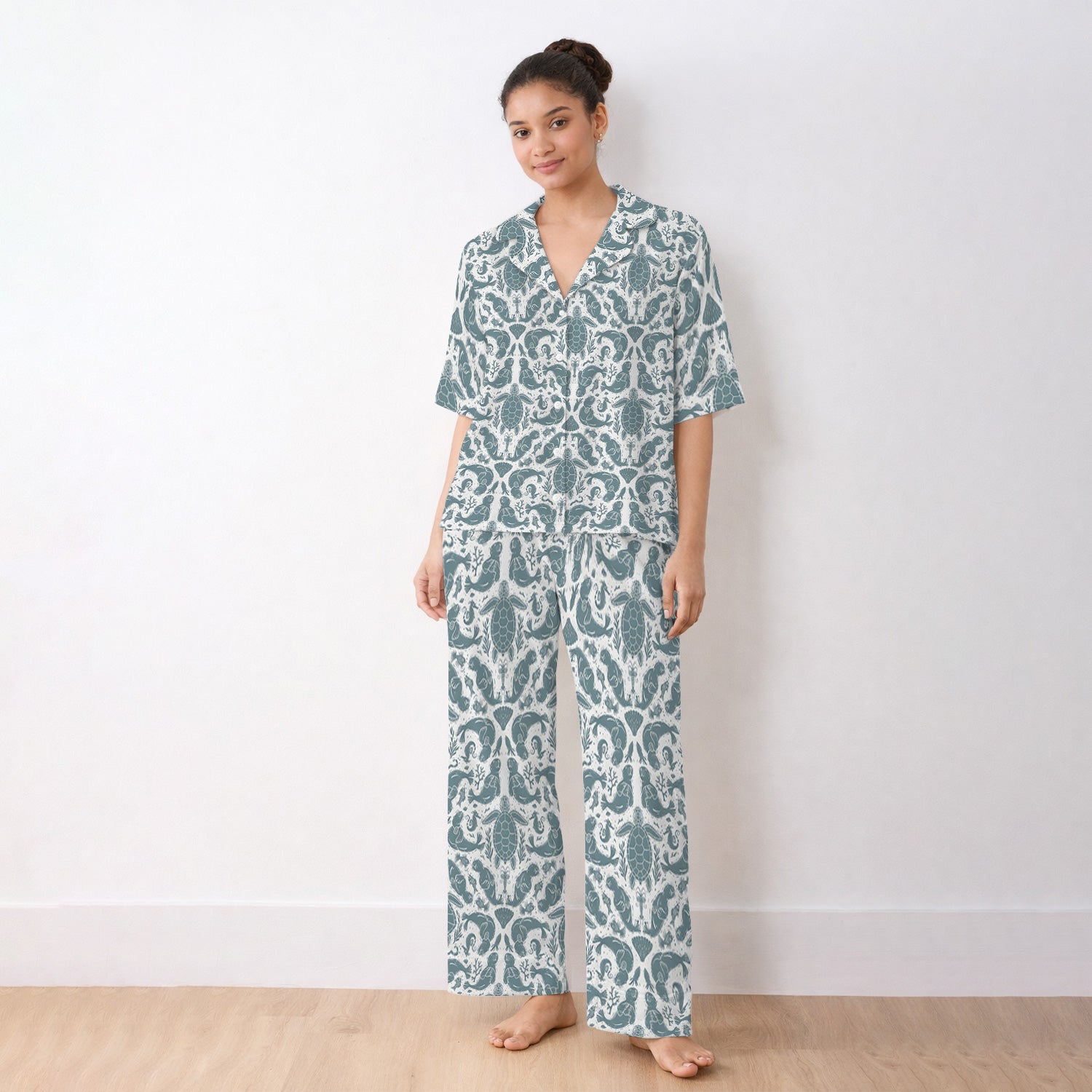 Ocean Sea Marine Life Pattern Pajama Set, Soft Breathable Fabric Comfortable Sleepwear