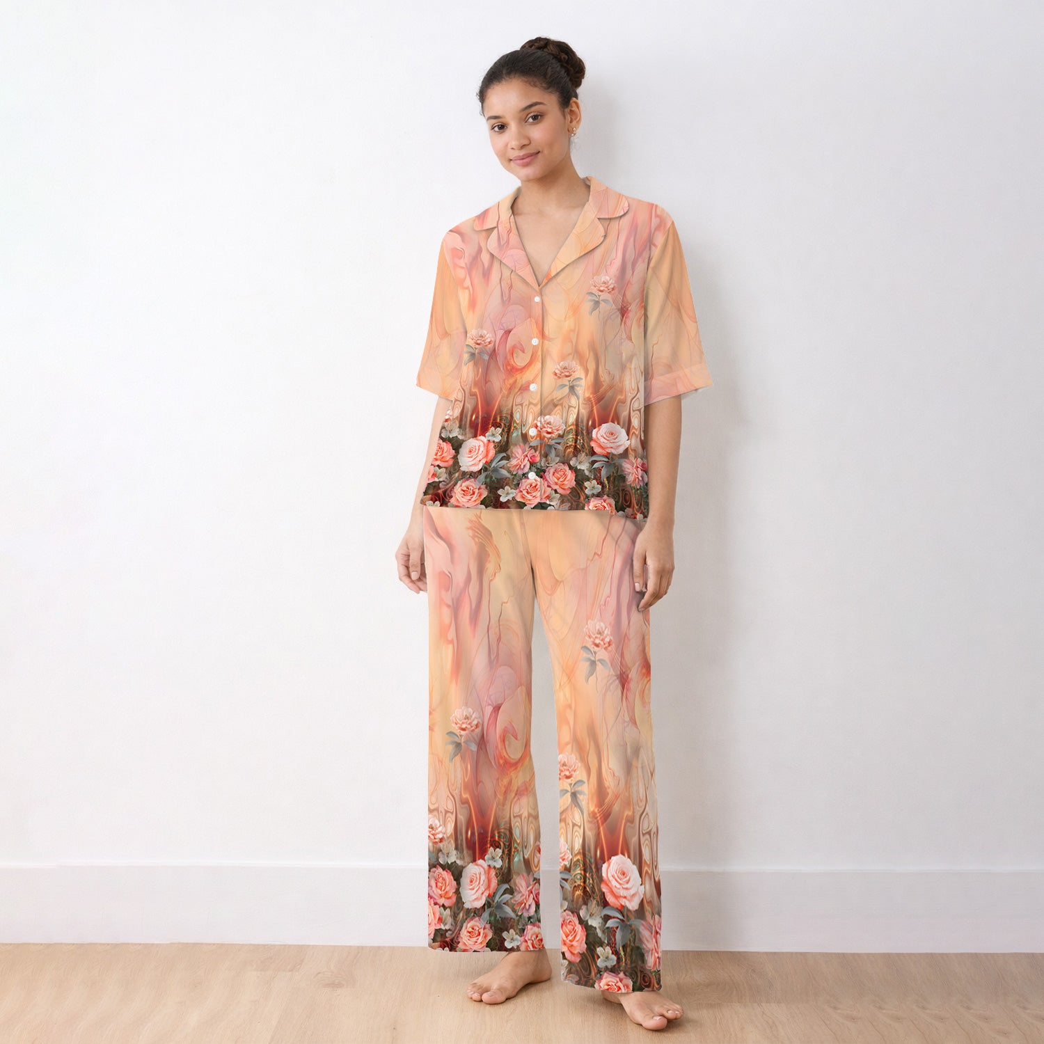 Elegant Peach Marble Rose Pattern Pajama Set, Soft Breathable Fabric Comfortable Sleepwear
