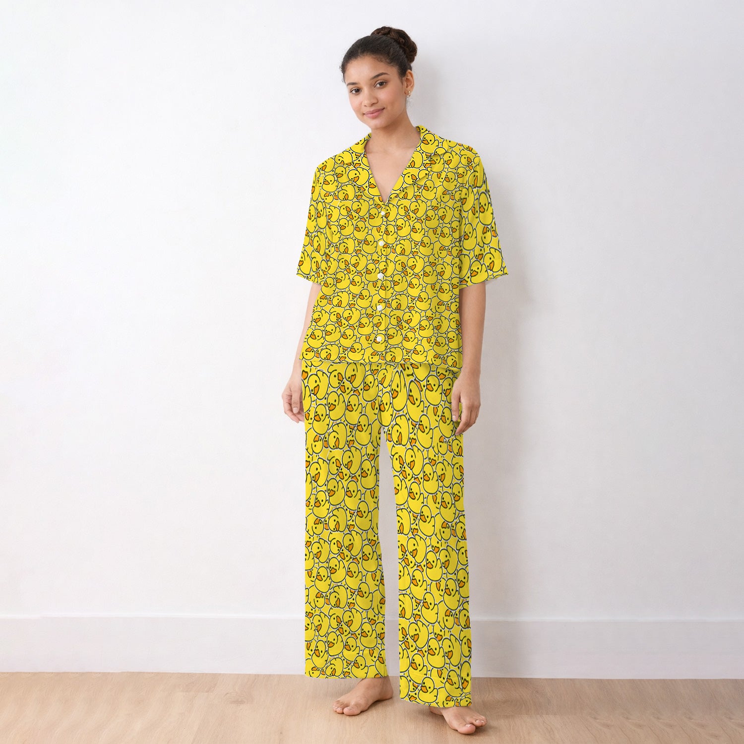 Yellow Rubber Duck Pattern Pajama Set, Soft Breathable Fabric Comfortable Sleepwear