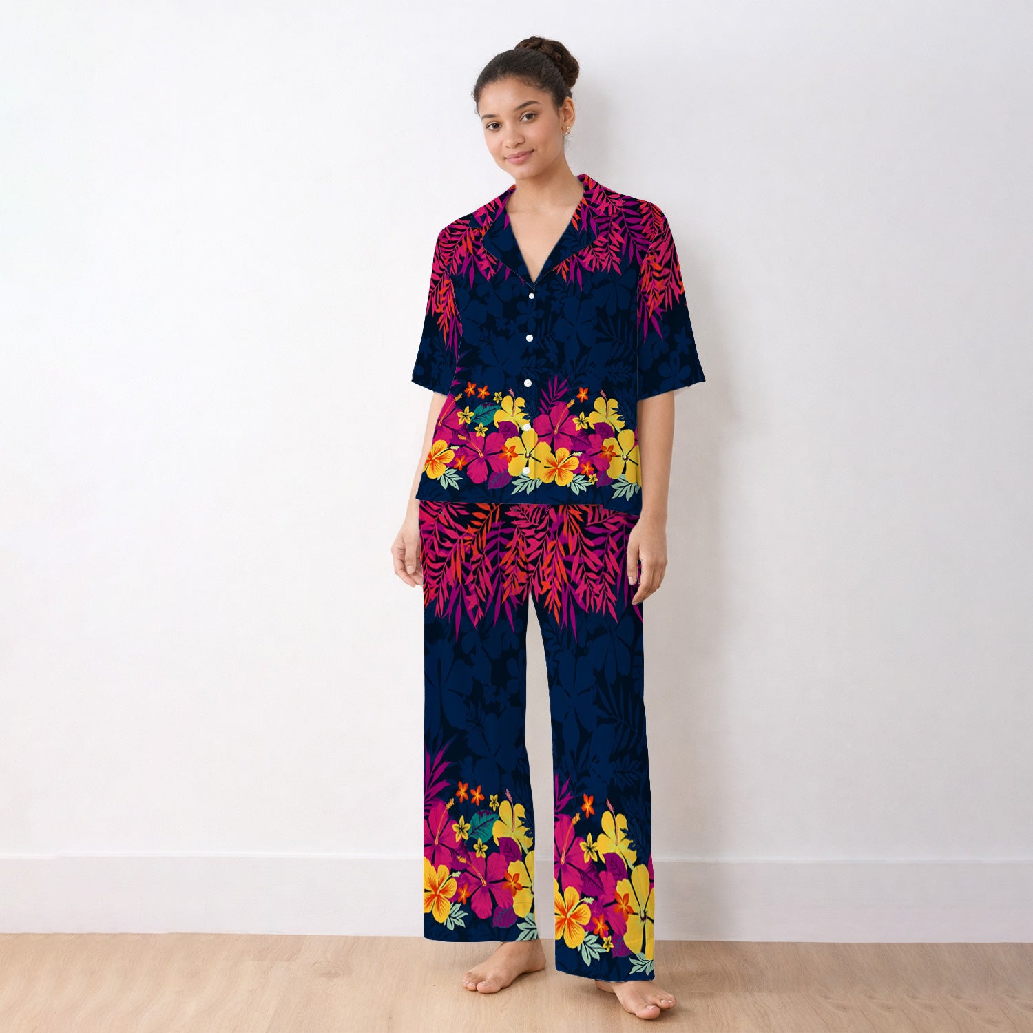 Tropical Hibiscus Palm Leaf Pattern Pajama Set, Soft Breathable Fabric Comfortable Sleepwear