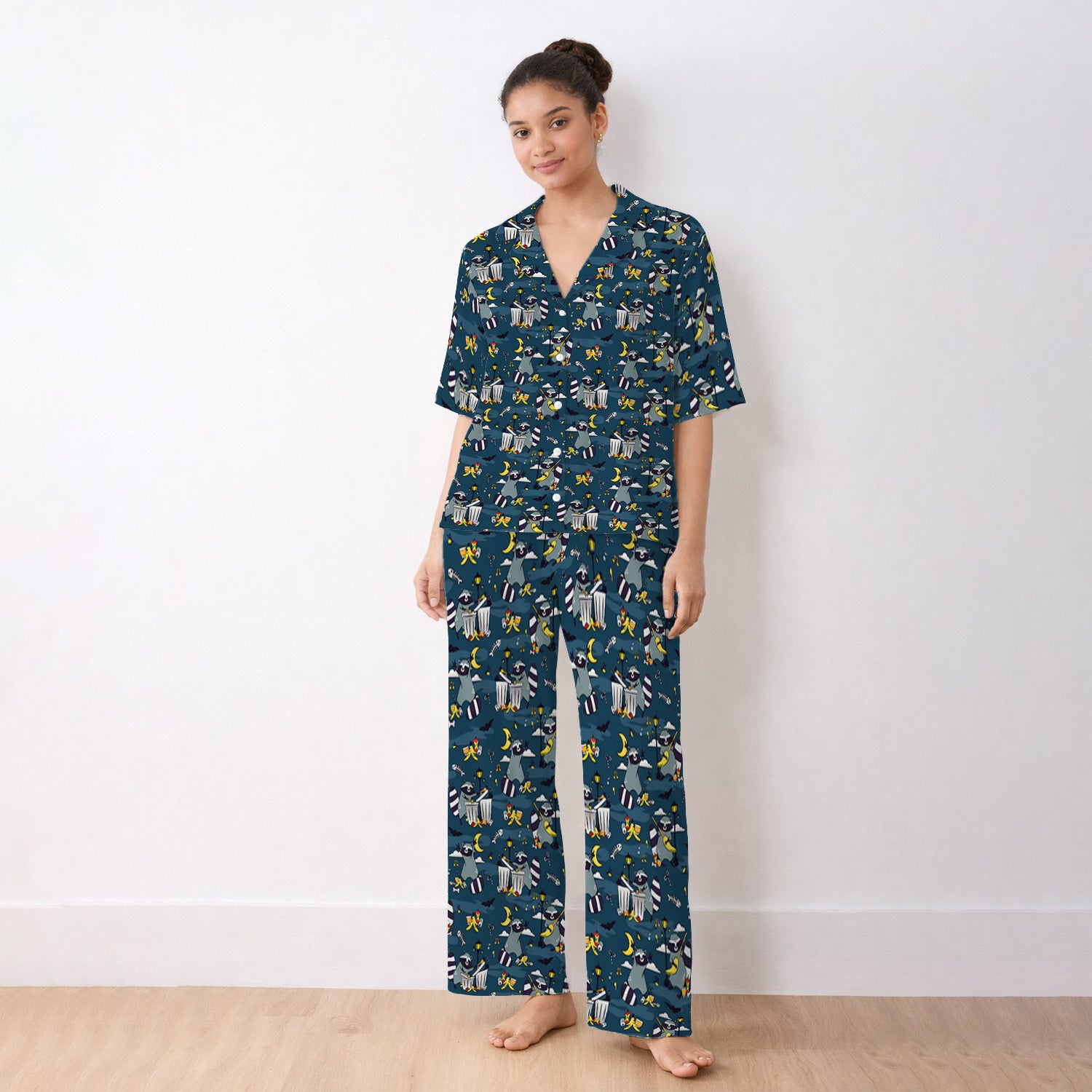 Raccoon Night Trash And Banana Peel Pattern Pajama Set, Breathable Fabrics Uniform