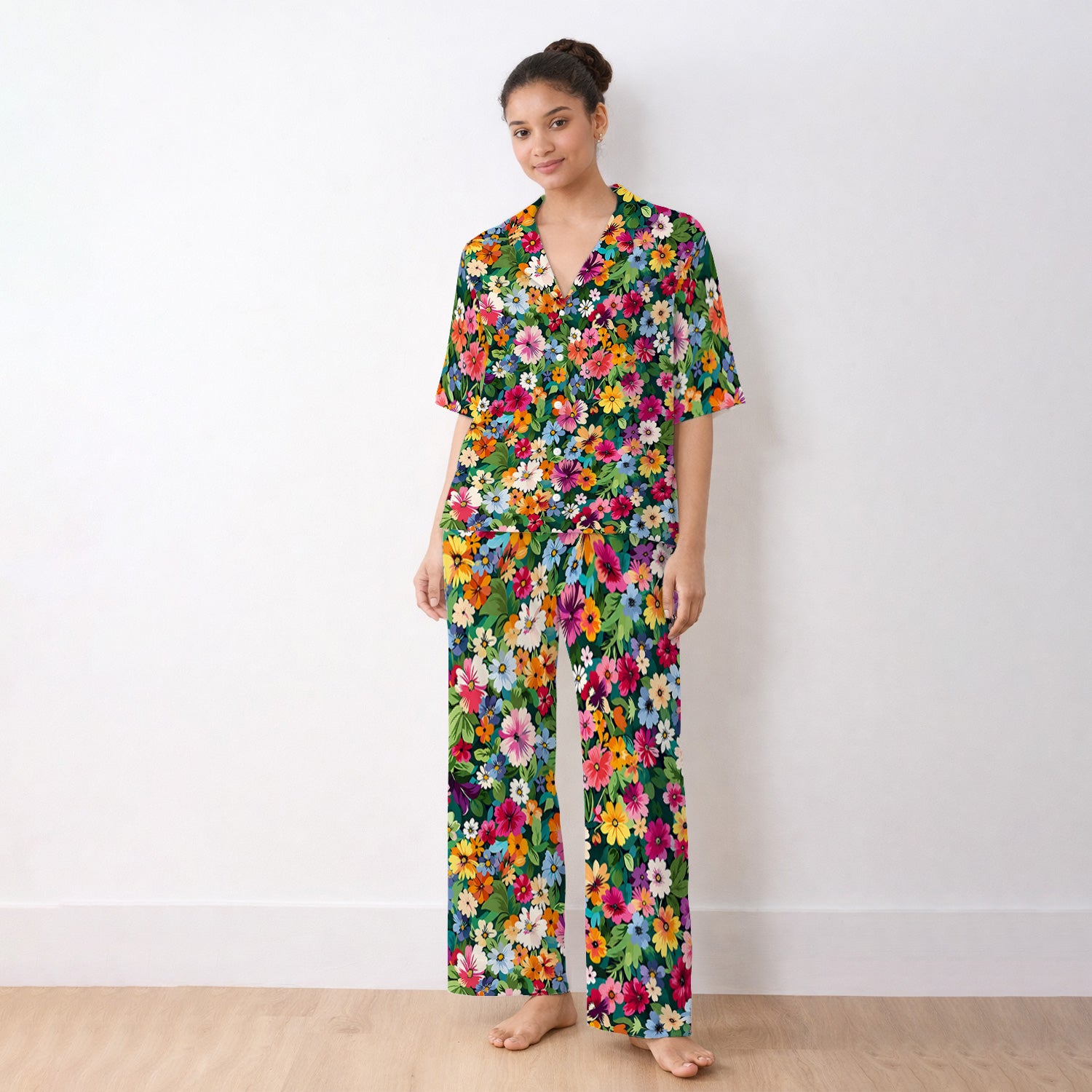 Colorful Wildflower Garden Pattern Pajama Set, Soft Breathable Fabric Comfortable Sleepwear