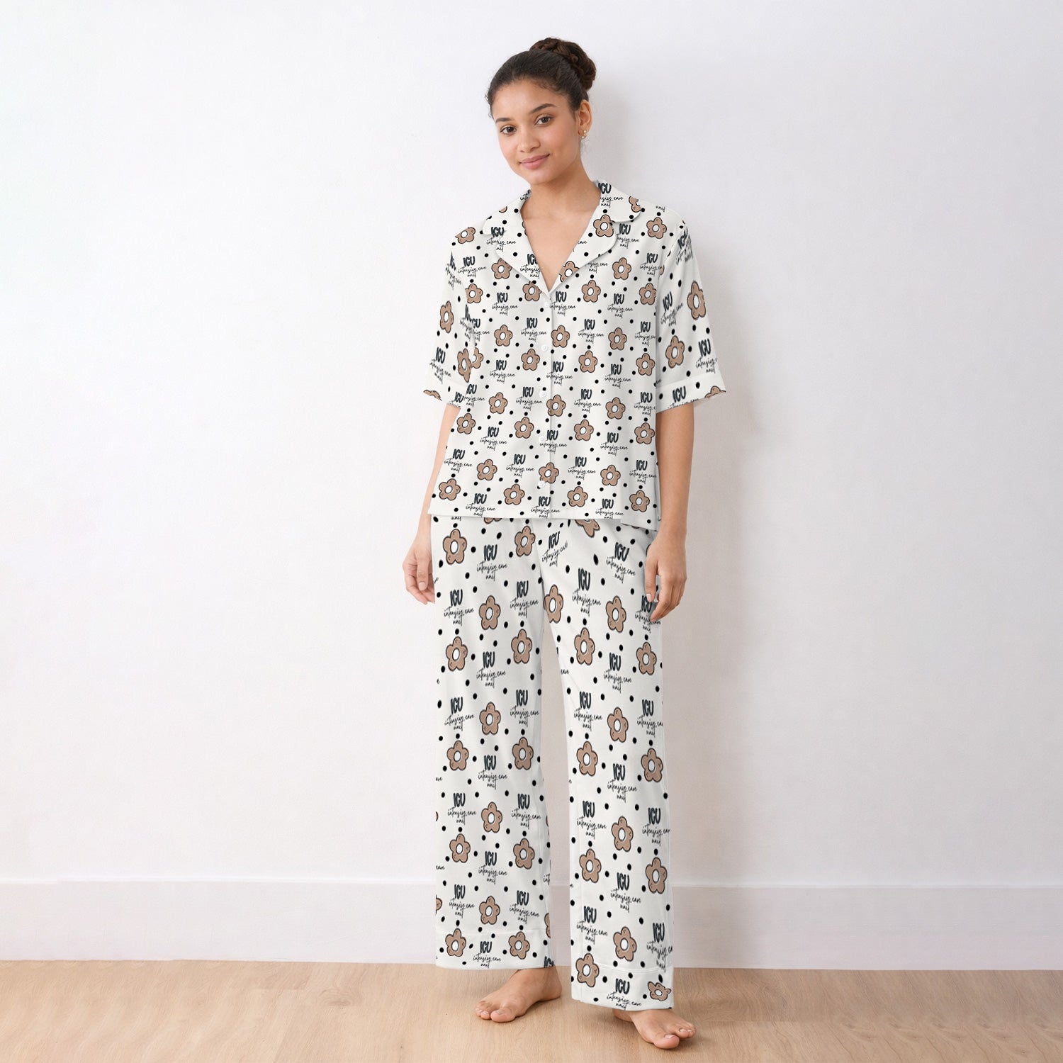 Cute ICU Nurse Flower Polka Dot Pattern Pajama Set, Soft Breathable Fabric Comfortable Sleepwear