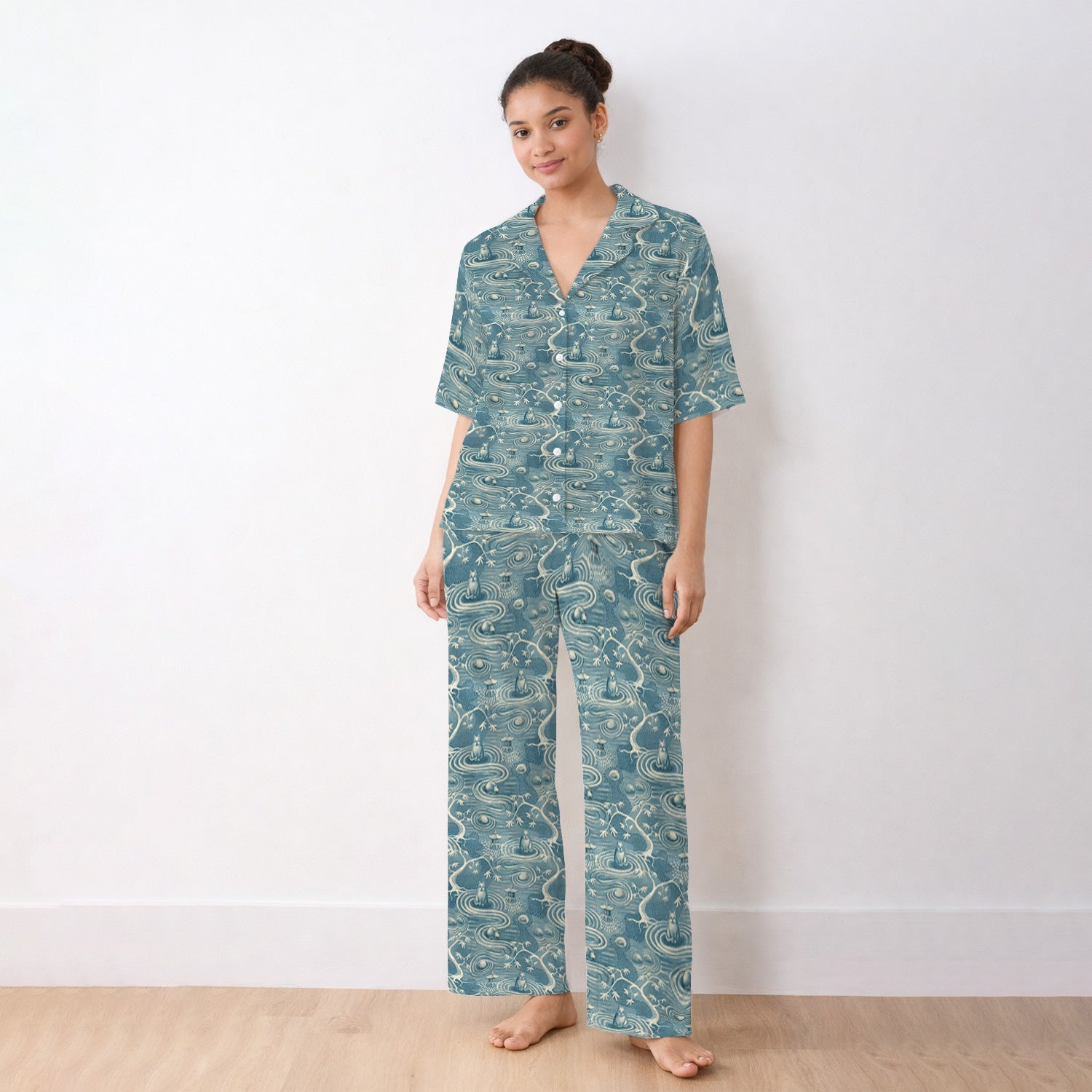 Zen Cat Water Garden Pattern Pajama Set, Breathable Fabrics Uniform