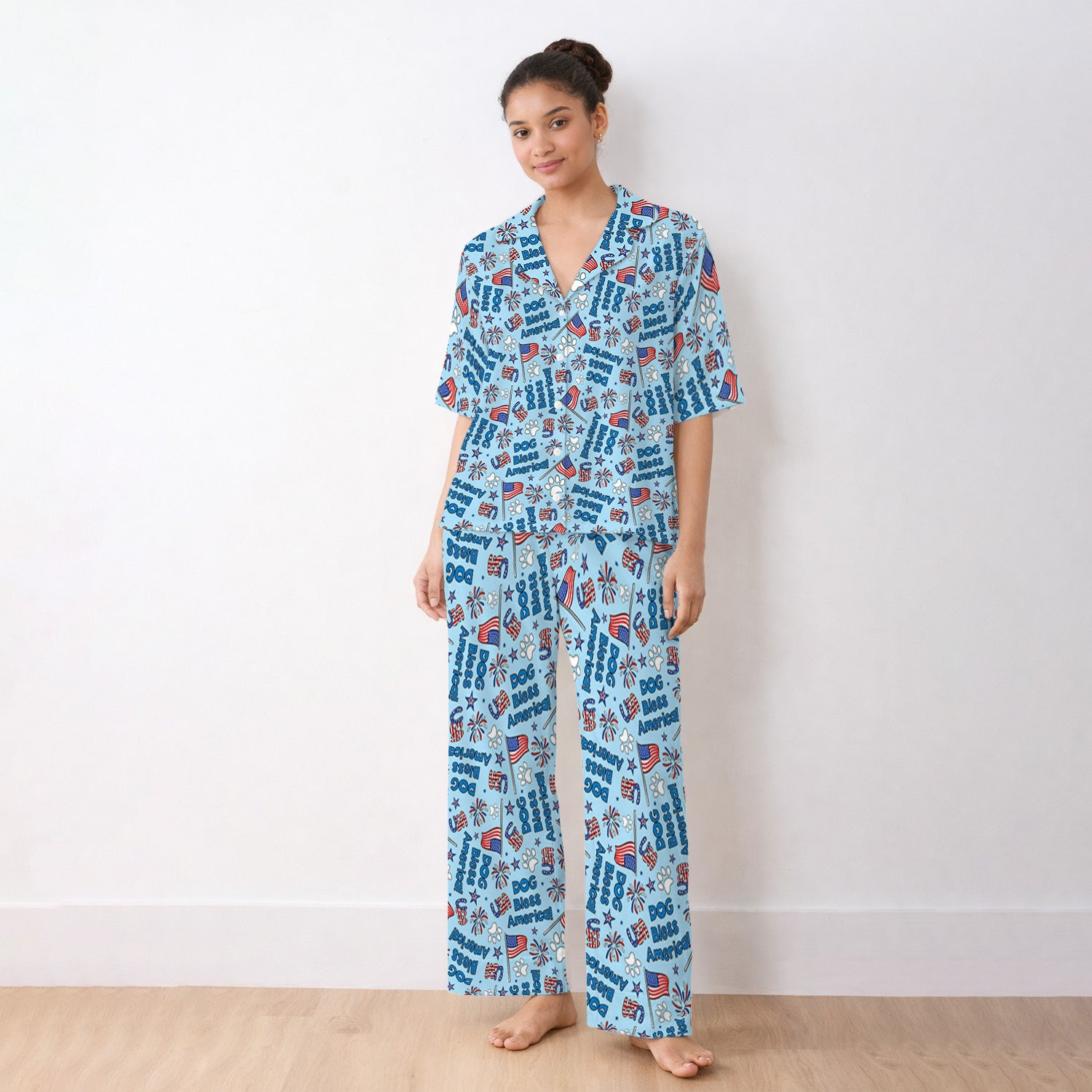 Funny Patriotic Dog Bless America Flag Pattern Pajama Set, Soft Breathable Fabric Comfortable Sleepwear
