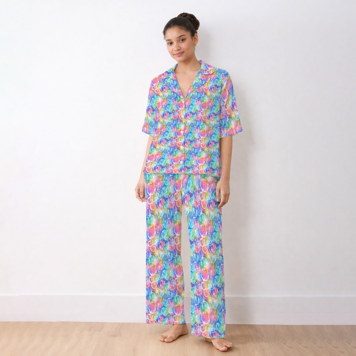 Colorful Floating Soap Bubble Pattern Pajama Set, Breathable Fabrics Uniform