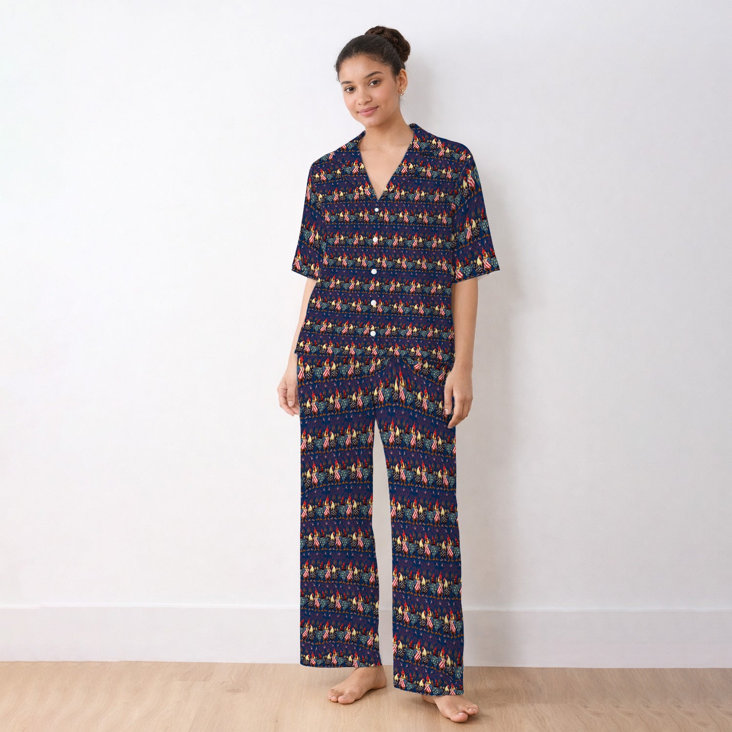 Patriotic Rooster Fireworks Pattern Pajama Set, Breathable Fabrics Uniform