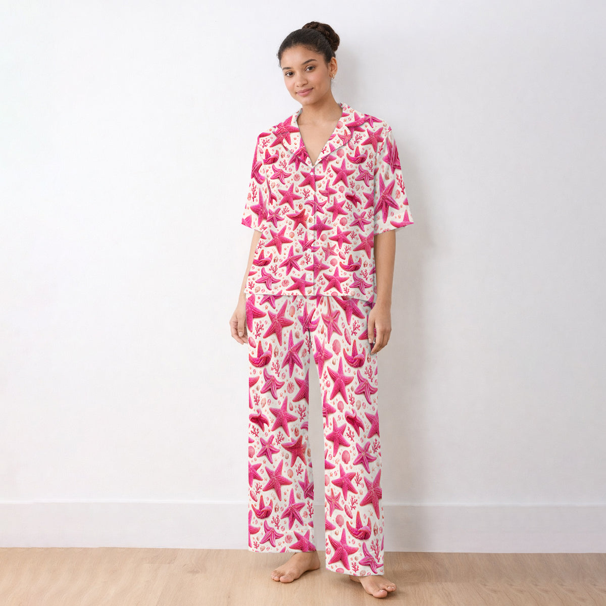 Pink Starfish And Seashell Pattern Pajama Set, Soft Breathable Fabric Comfortable Sleepwear