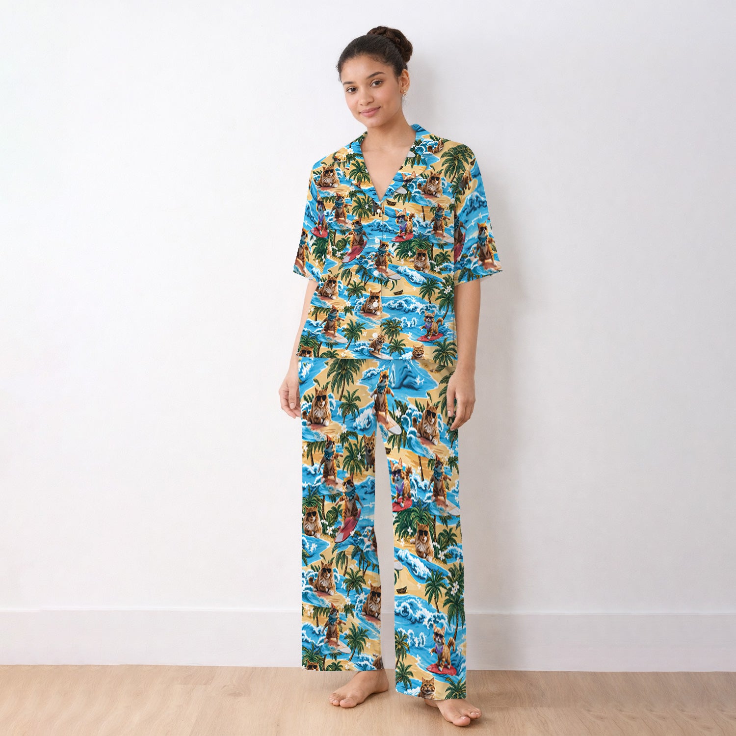 Tropical Surfing Cat with Beach Wave Island Print Pajama Set, Soft Breathable Fabric Comfortable Sleepwear