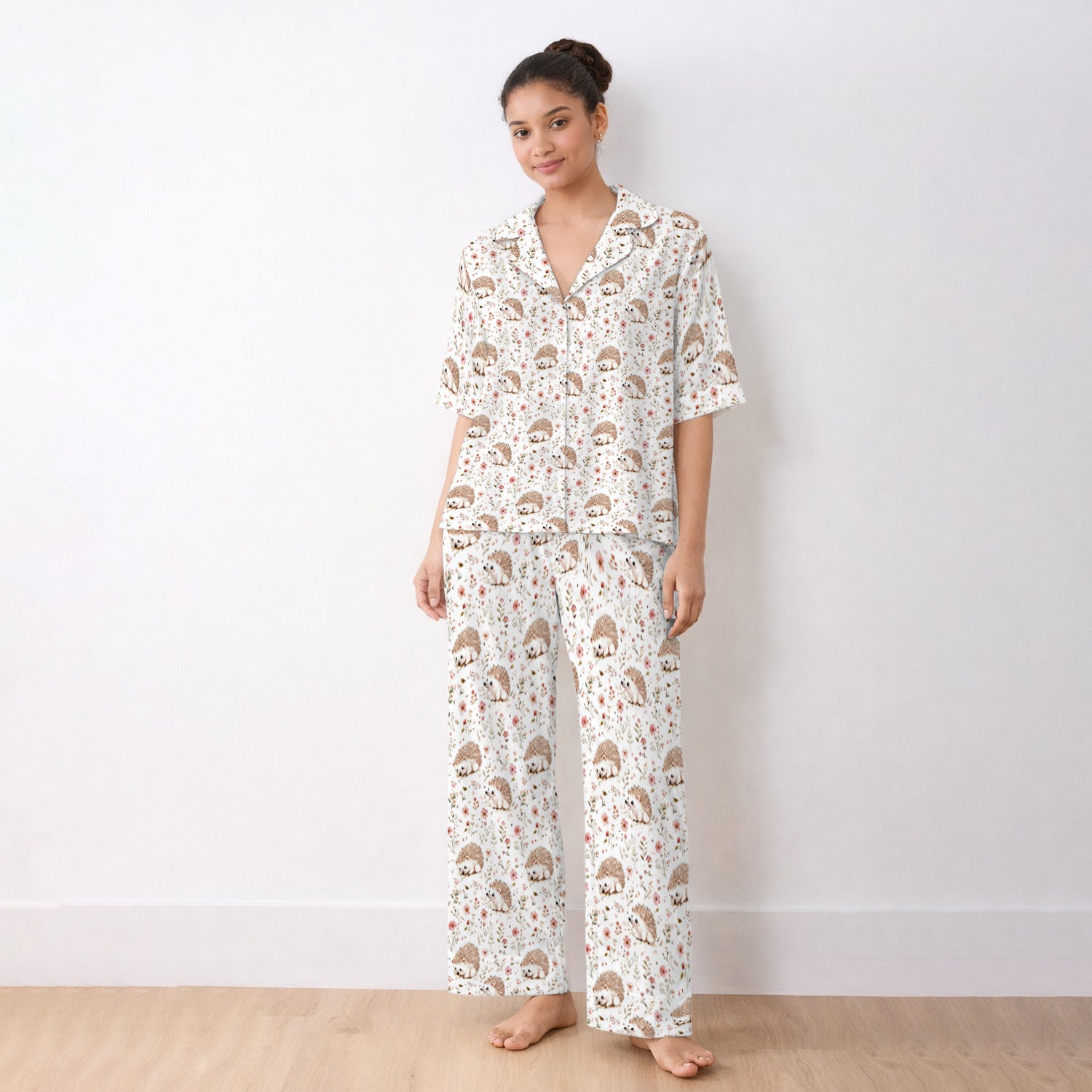 Cute Hedgehog Wildflower Garden Pattern Pajama Set, Soft Breathable Fabric Comfortable Sleepwear