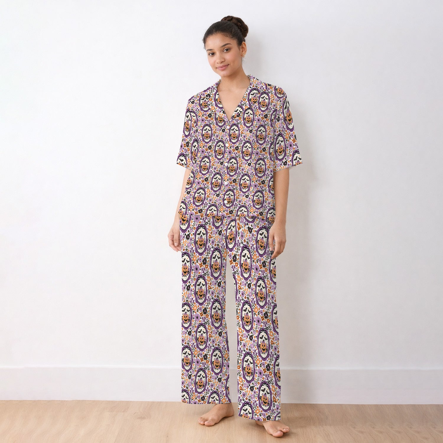 Halloween Pumpkin with Floral Print Pajama Set, Soft Breathable Fabric Comfortable Sleepwear