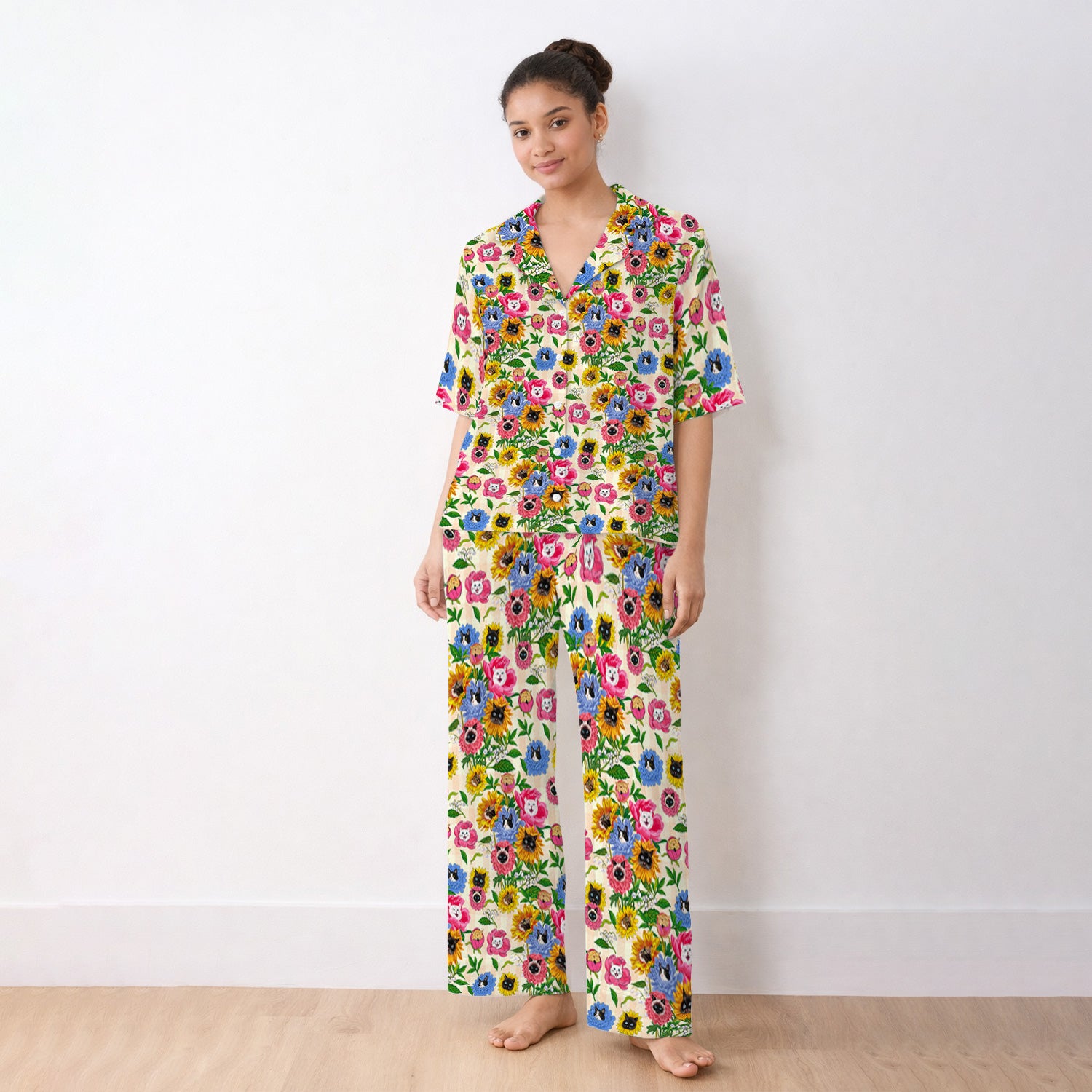 Cat Face Hidden In Colorful Flower Garden Pajama Set, Breathable Fabrics Uniform