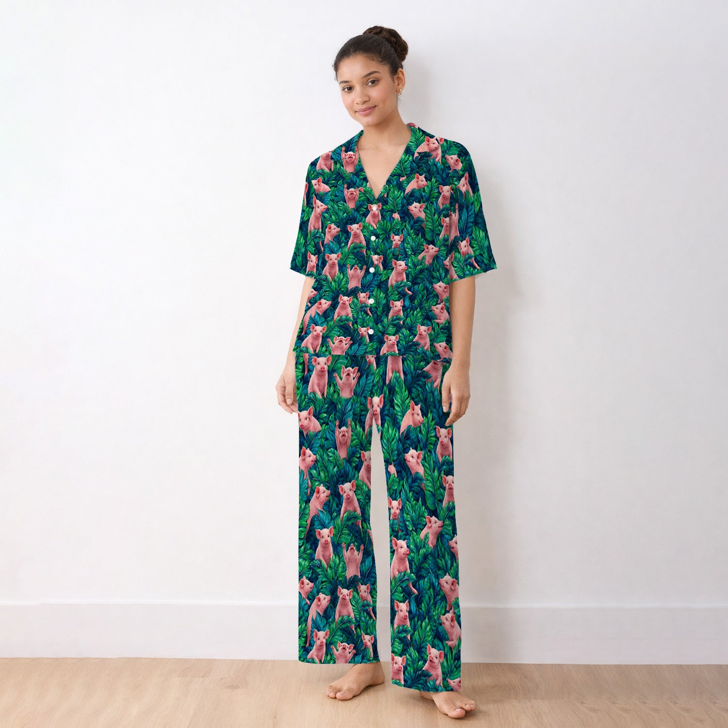 Cute Piglet Jungle Leaves Pattern Pajama Set, Soft Breathable Fabric Comfortable Sleepwear