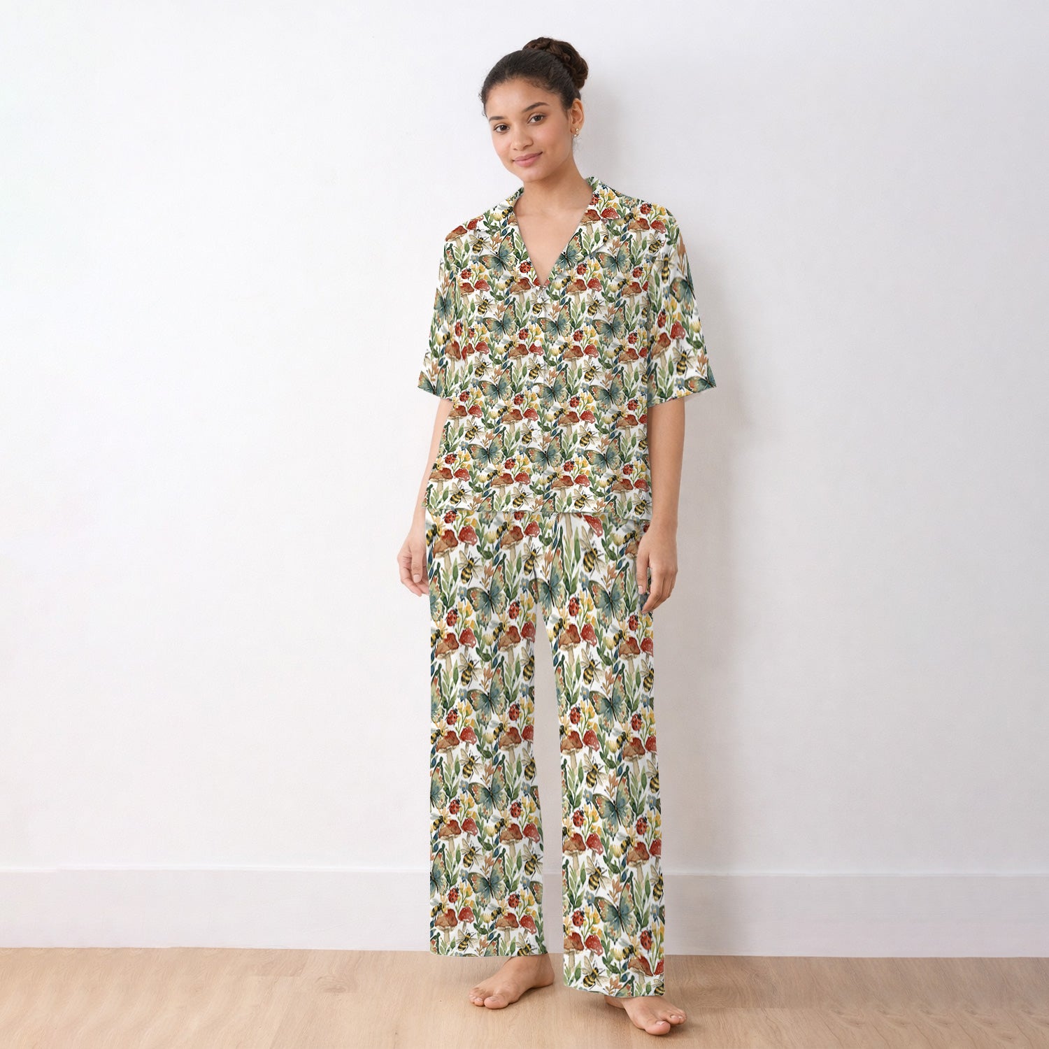 Butterfly Bee With Floral Mushroom Pajama Set, Soft Breathable Fabric Comfortable Sleepwear