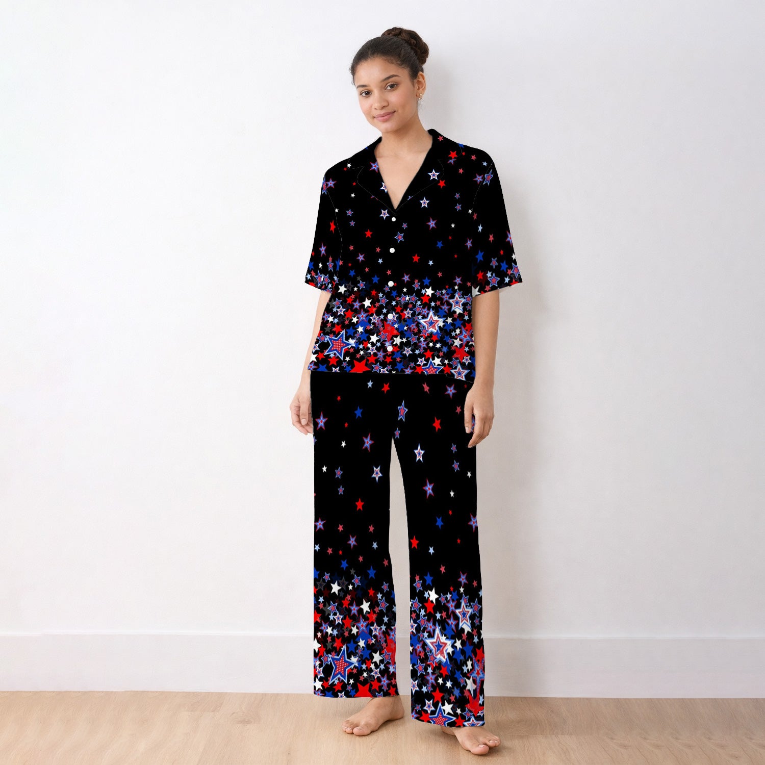 Festive Patriotic Red Blue Star Pattern Pajama Set, Soft Breathable Fabric Comfortable Sleepwear