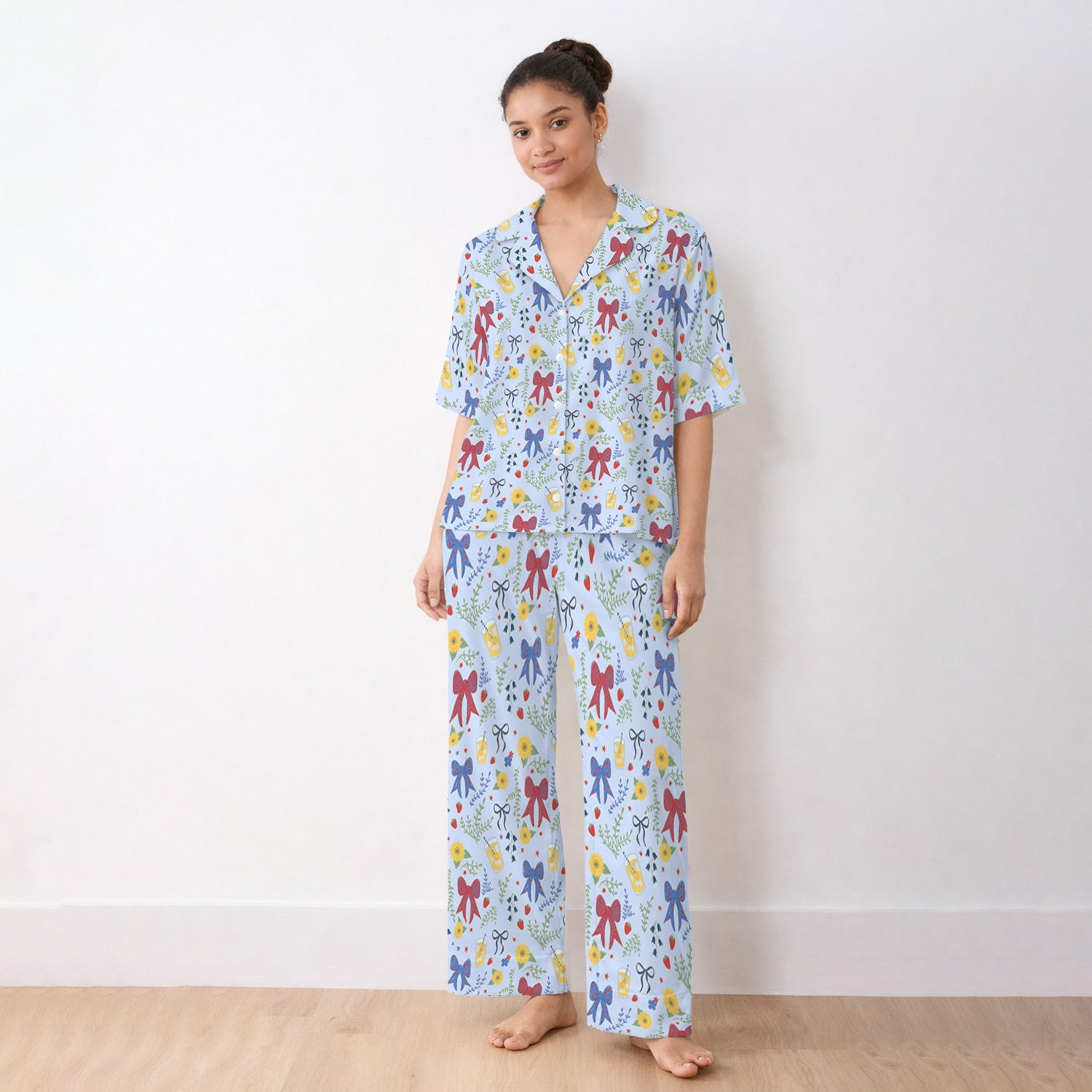 Sweet Summer Bow Nurse, Lemonade Floral Medical Pajama Set, Soft Breathable Fabric Comfortable Sleepwear