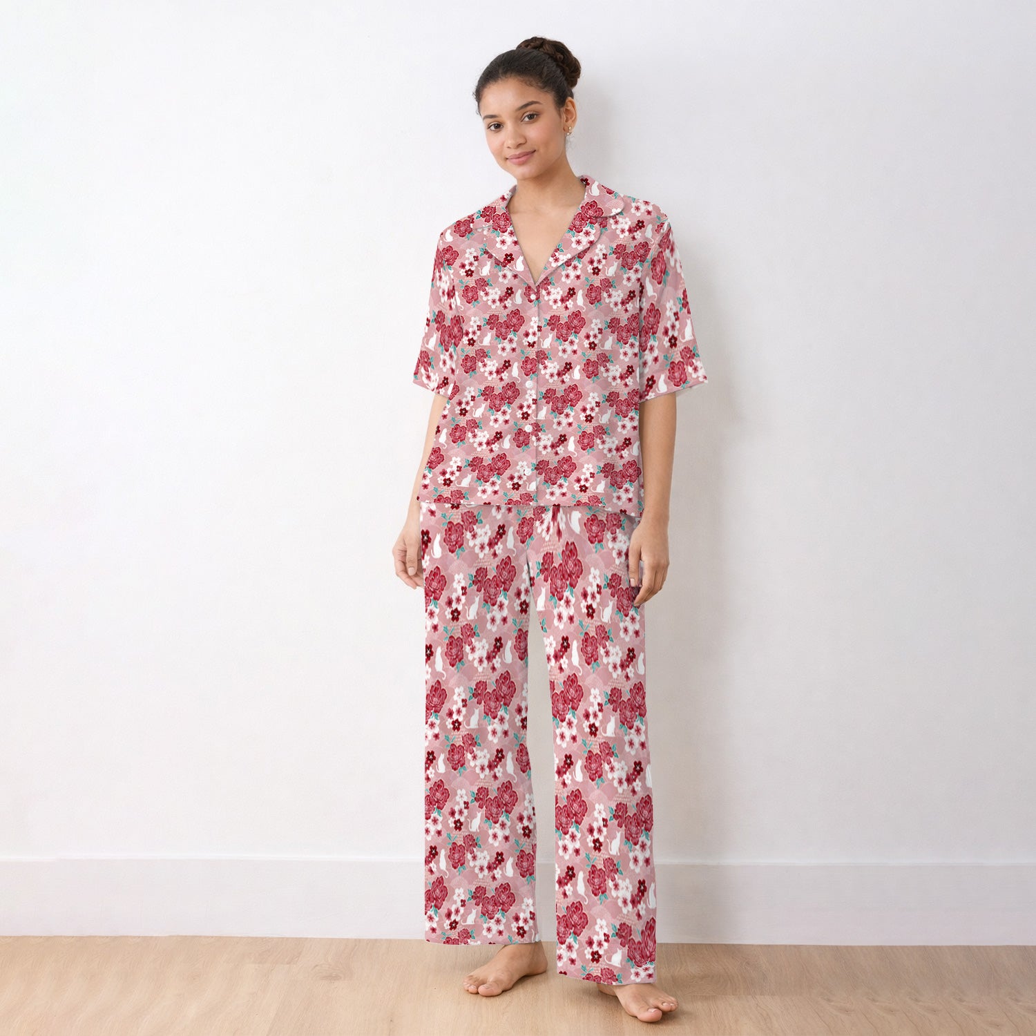 Floral White Cat Nurse Pajama Set, Soft Breathable Fabric Comfortable Sleepwear