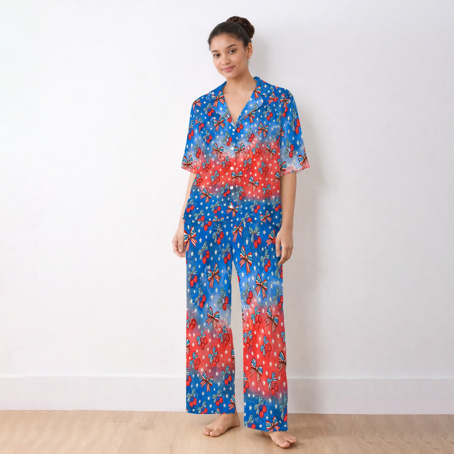 Festive Patriotic Star Bow Cherry Pattern Pajama Set, Soft Breathable Fabric Comfortable Sleepwear