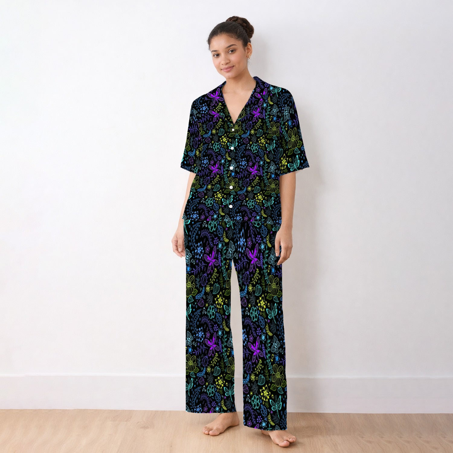 Neon Butterfly and Floral Garden Pattern Pajama Set, Breathable Fabrics Uniform
