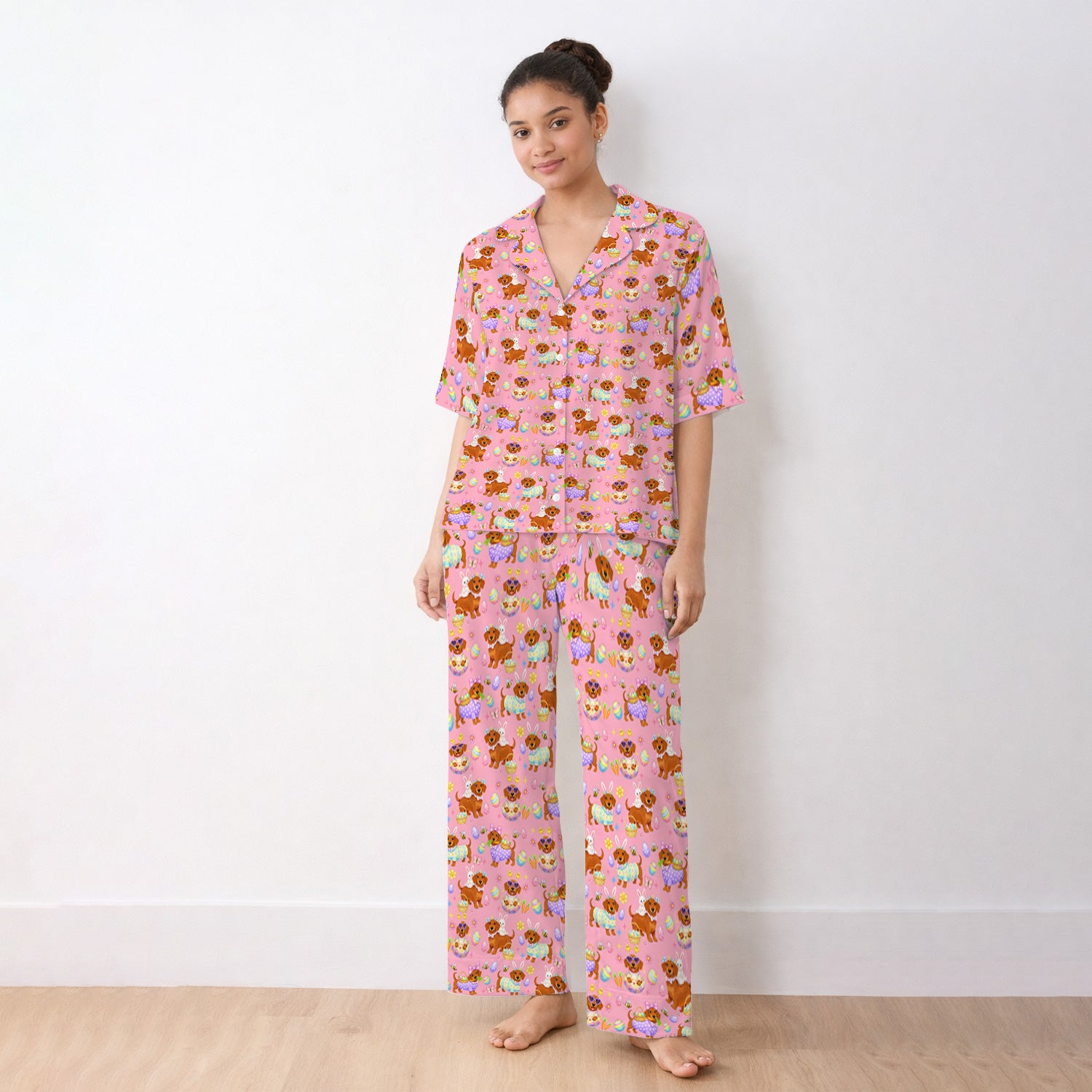 Cute Easter Dachshund Dog Pattern Pajama Set, Breathable Fabrics Uniform