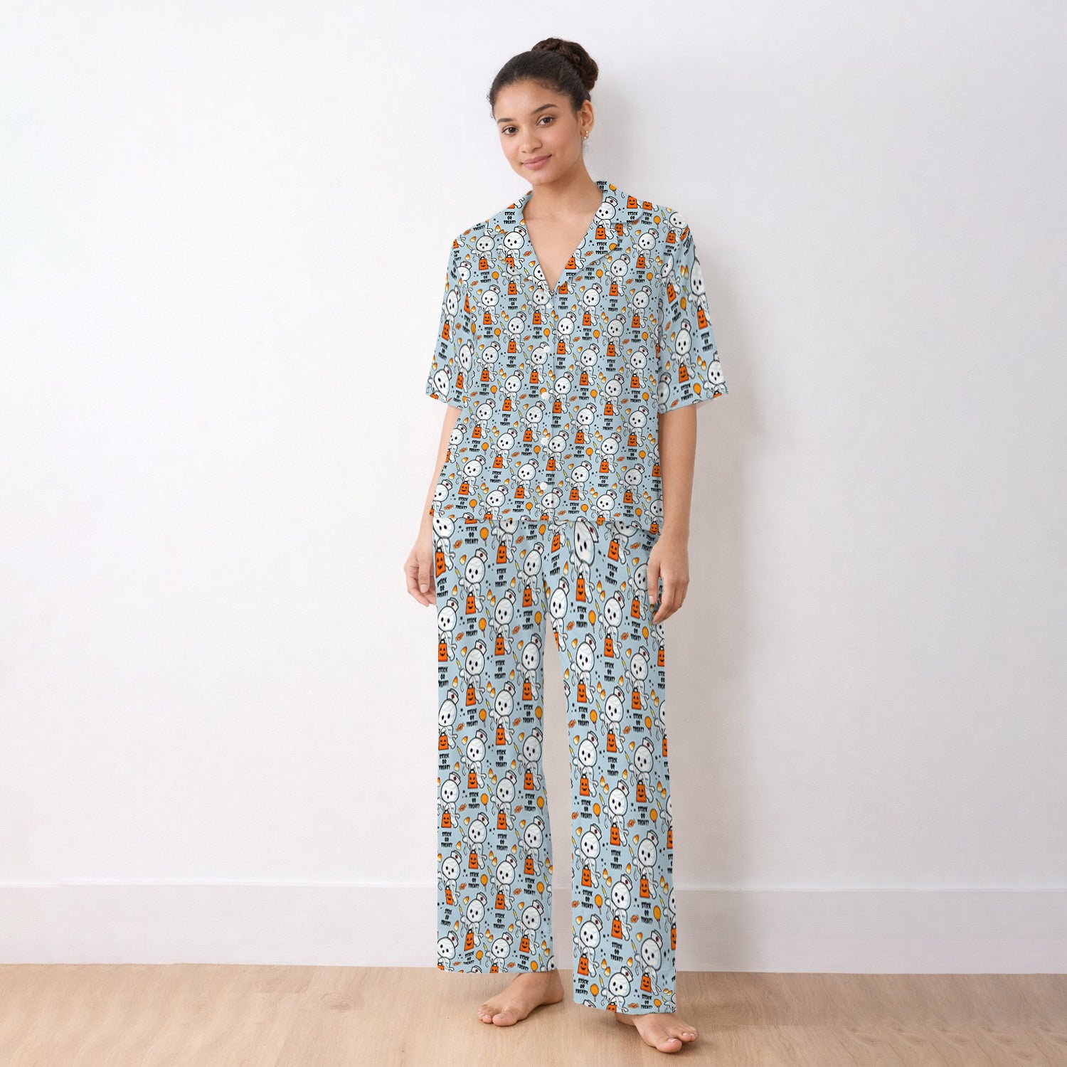 Funny Halloween Stick Or Treat Mummy Nurse Pajama Set, Soft Breathable Fabric Comfortable Sleepwear