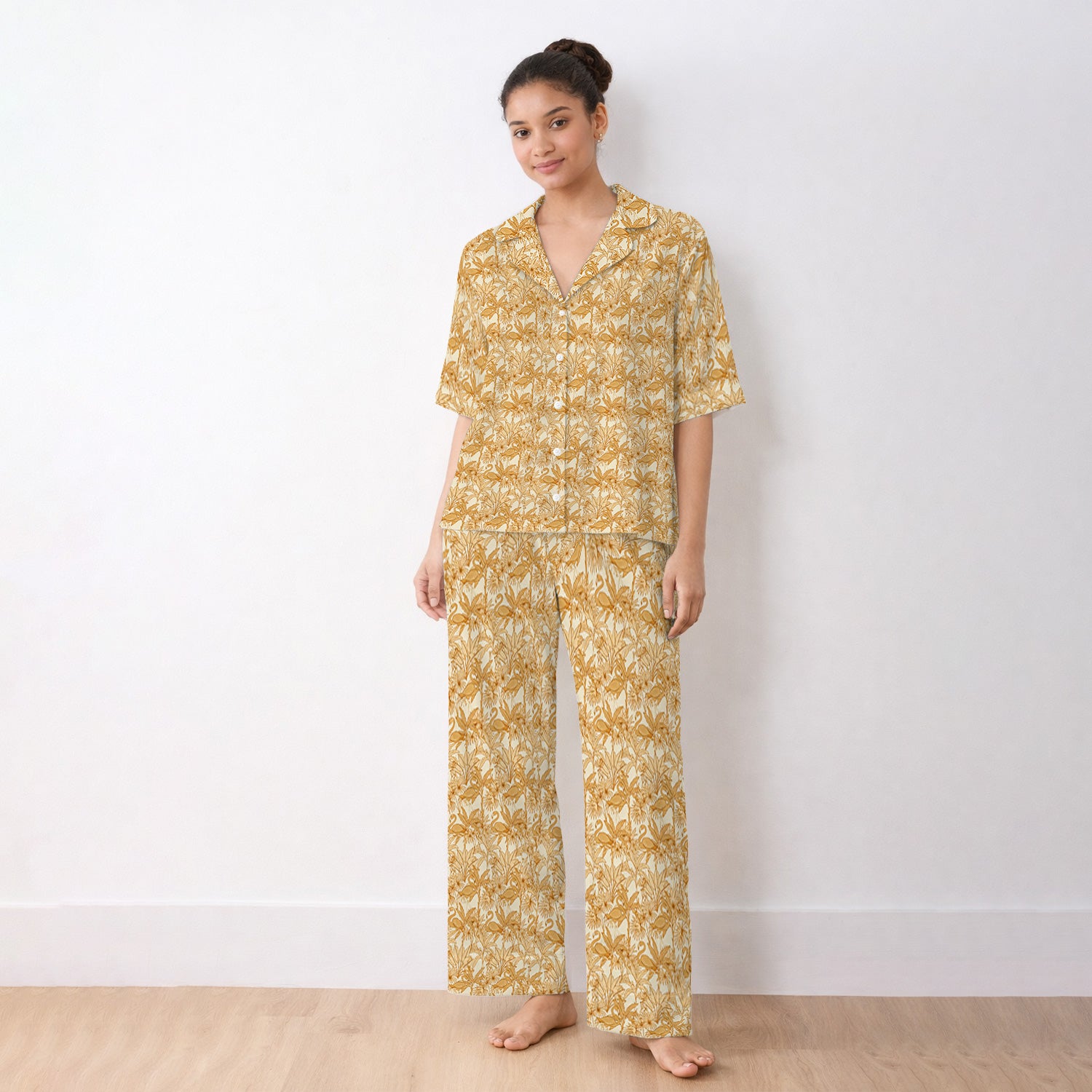 Tropical Flamingo Palm Leaves Pattern Pajama Set, Breathable Fabrics Uniform