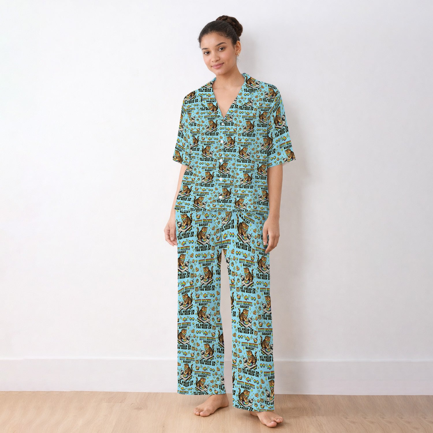 Pride Nurse Cat Baking Rainbow Dough Pattern Pajama Set, Breathable Fabrics Uniform