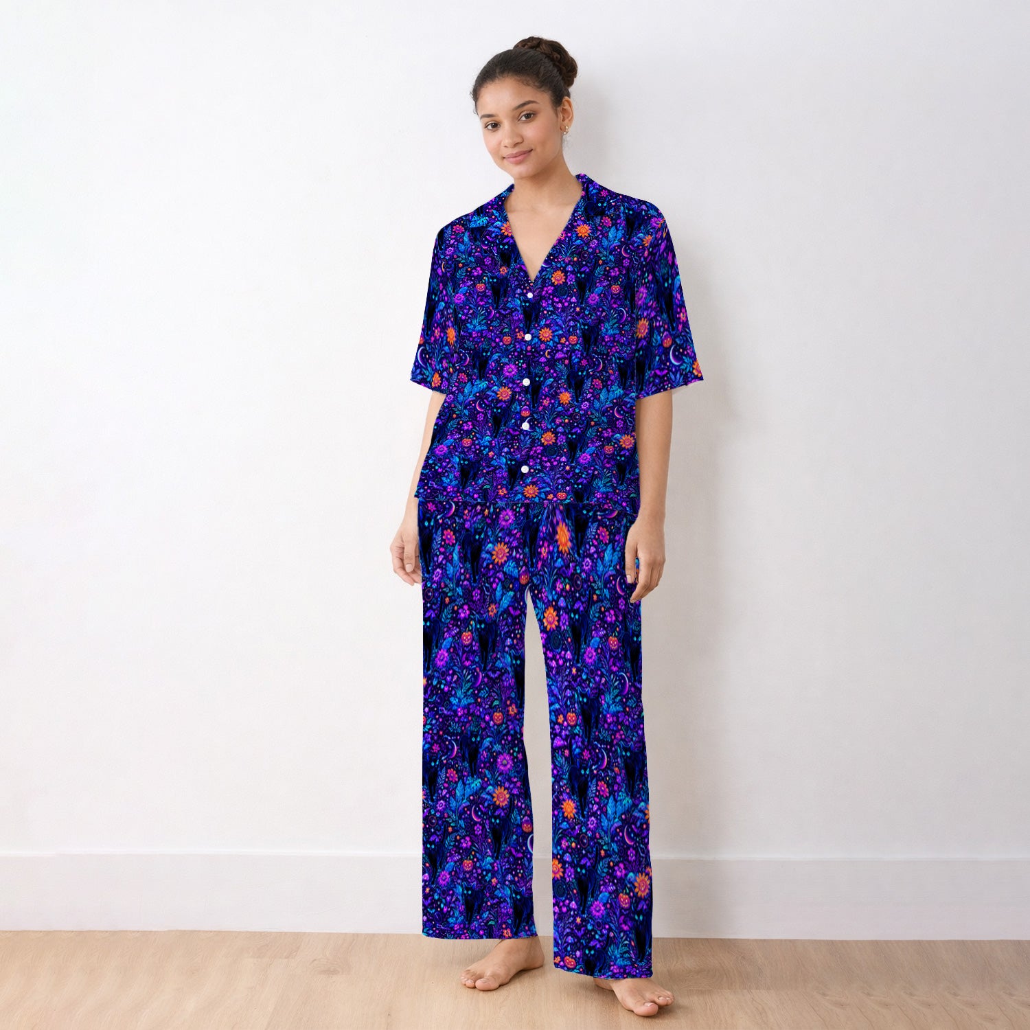 Halloween Black Cat Floral Print Pajama Set, Soft Breathable Fabric Comfortable Sleepwear