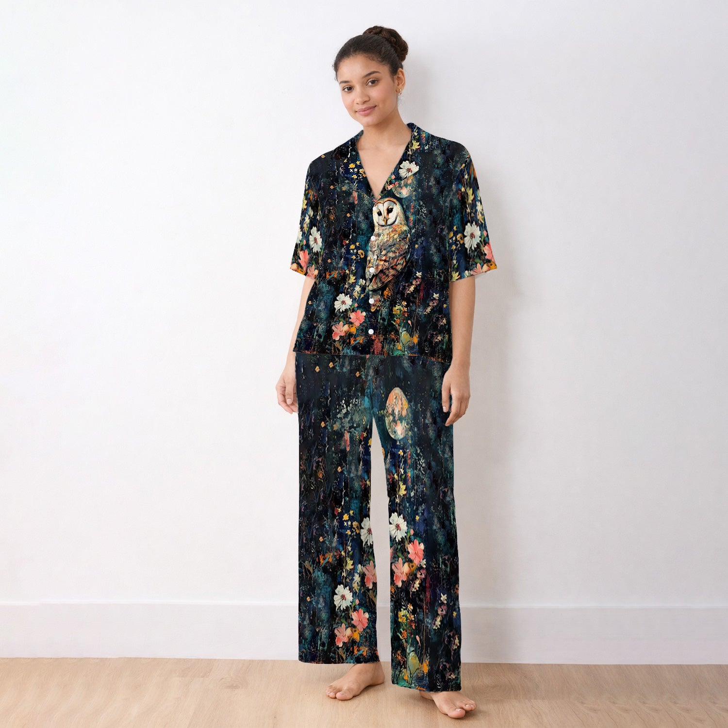 Moonlit Barn Owl Floral Pattern Pajama Set, Soft Breathable Fabric Comfortable Sleepwear