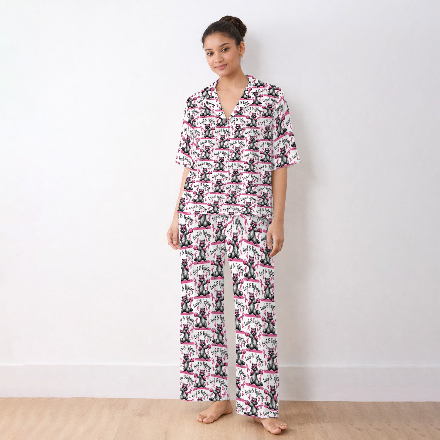 Breast Cancer Awareness Raccoon Pajama Set, Soft Breathable Fabric Comfortable Sleepwear