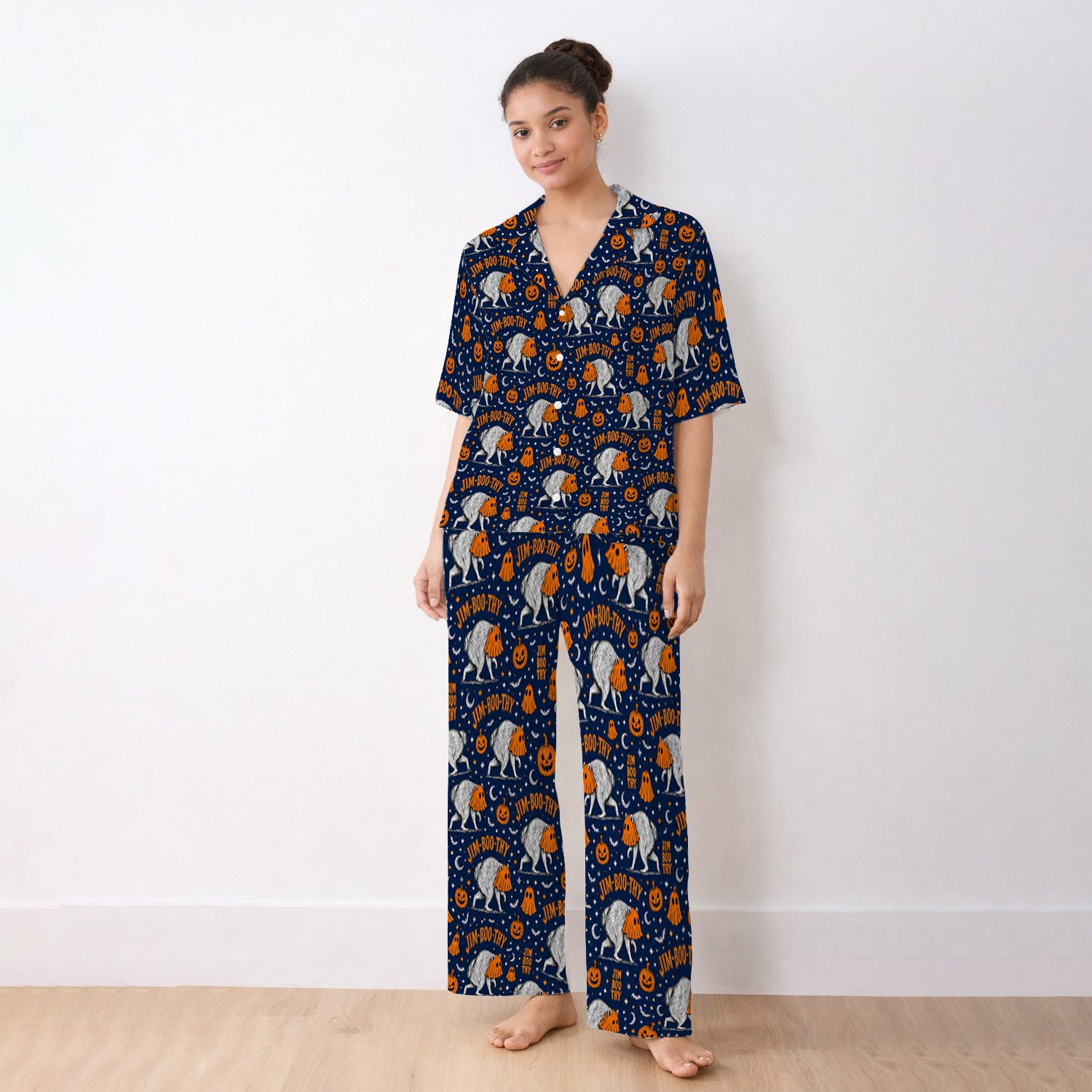 Funny Halloween Ghost Jimothy Pattern Pajama Set, Soft Breathable Fabric Comfortable Sleepwear