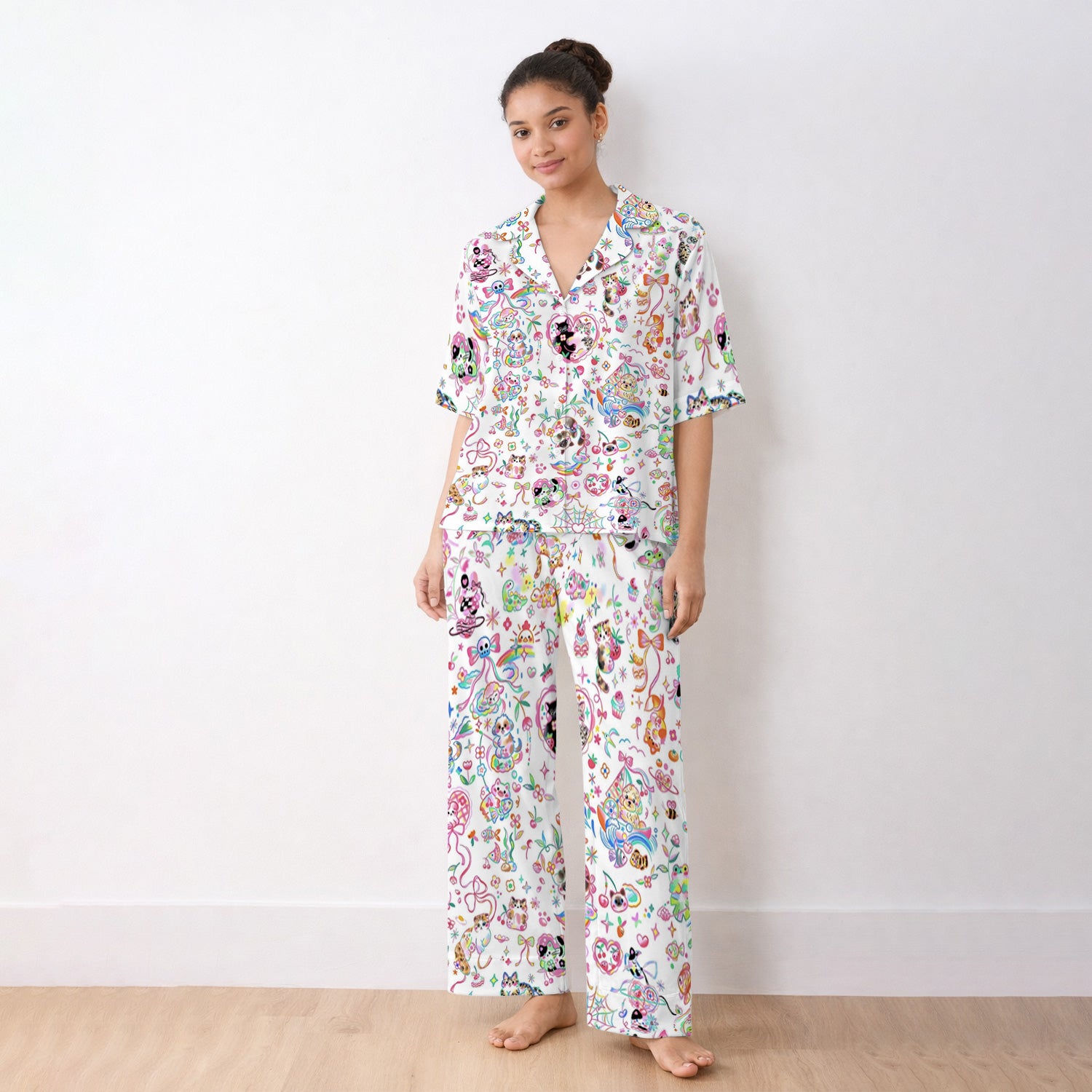 Cute Kawaii Animal Rainbow Heart Pattern Pajama Set, Soft Breathable Fabric Comfortable Sleepwear