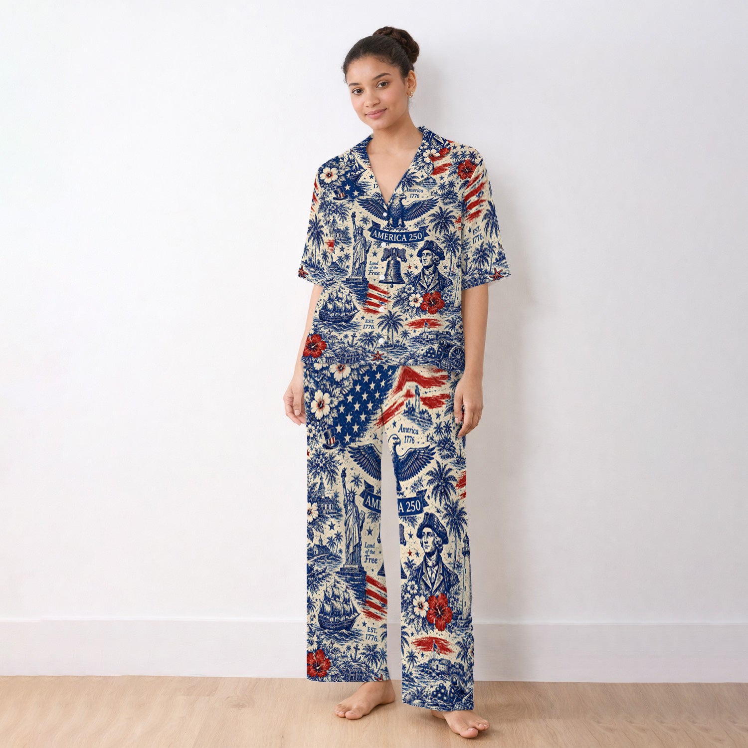 America 250 Eagle Liberty Pattern Pajama Set, Soft Breathable Fabric Comfortable Sleepwear