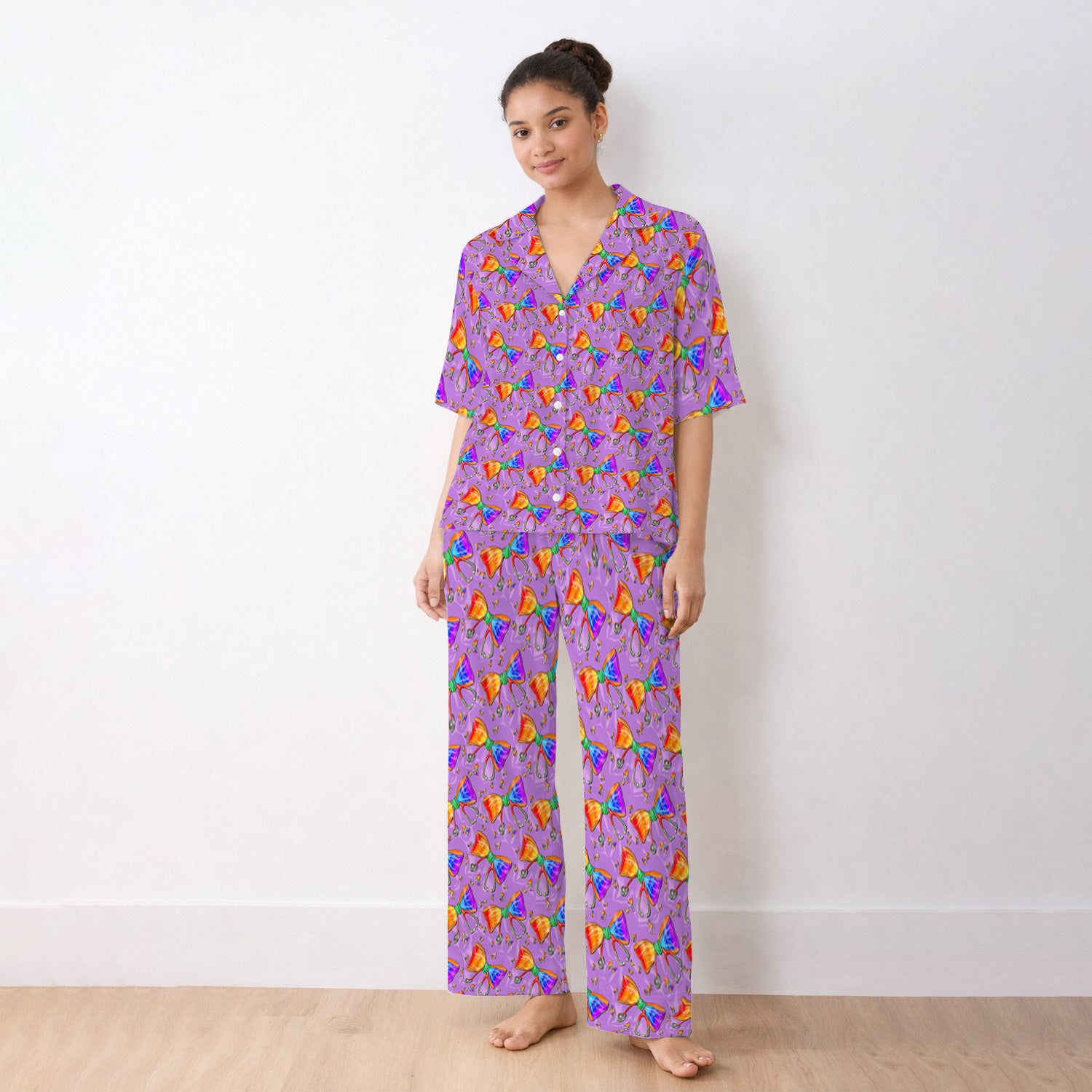 Colorful Rainbow Bow Stethoscope Pattern Pajama Set, Breathable Fabrics Uniform