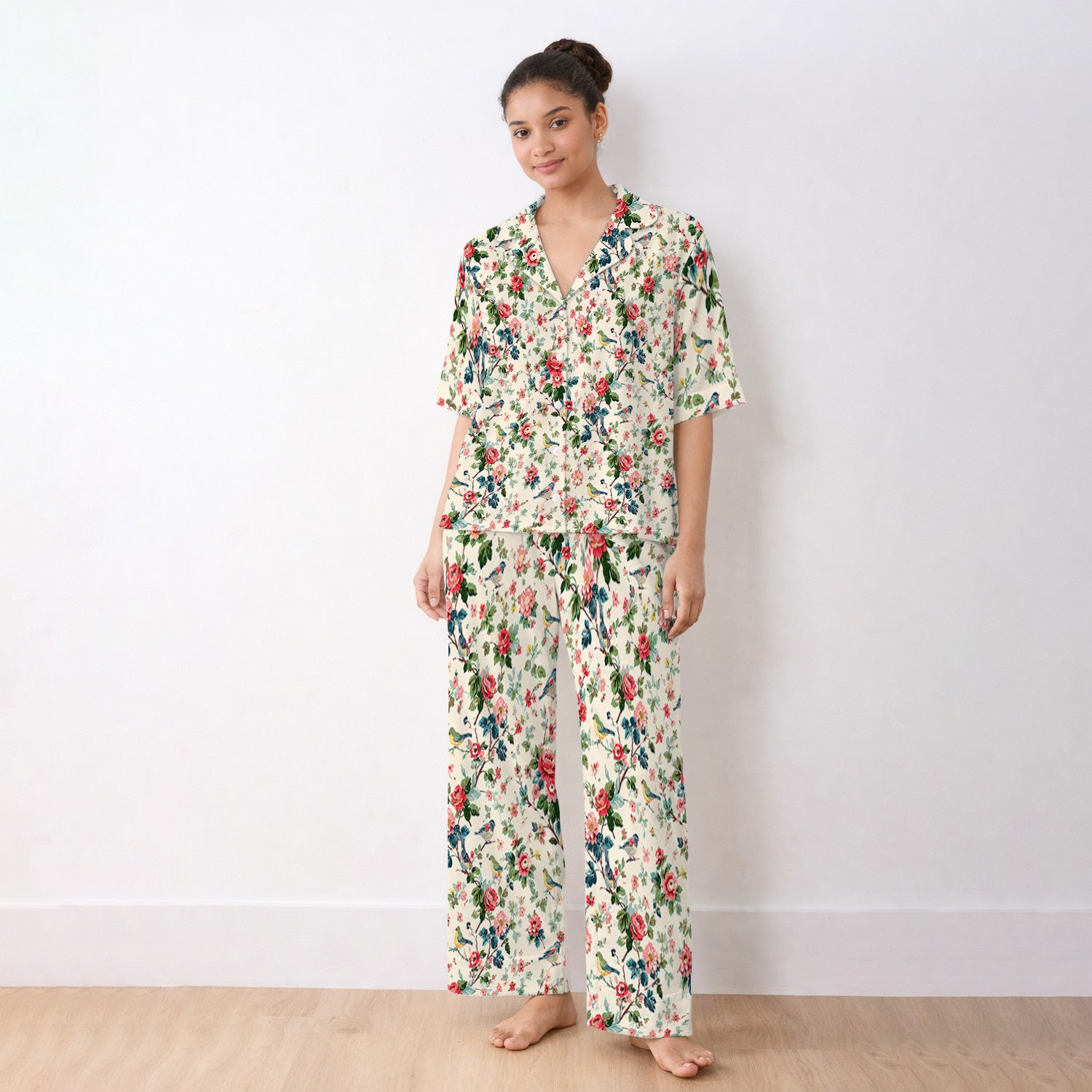 Songbird Rose Garden Pattern Pajama Set, Soft Breathable Fabric Comfortable Sleepwear