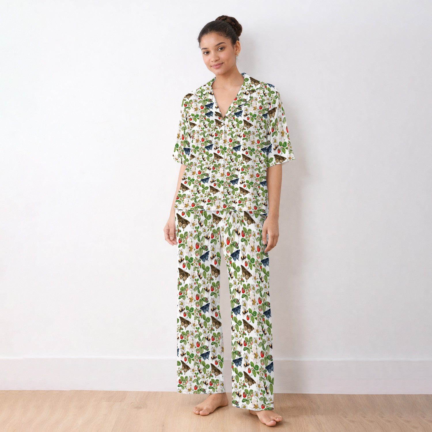 Charming Strawberry Butterfly Garden Pattern Pajama Set, Soft Breathable Fabric Comfortable Sleepwear