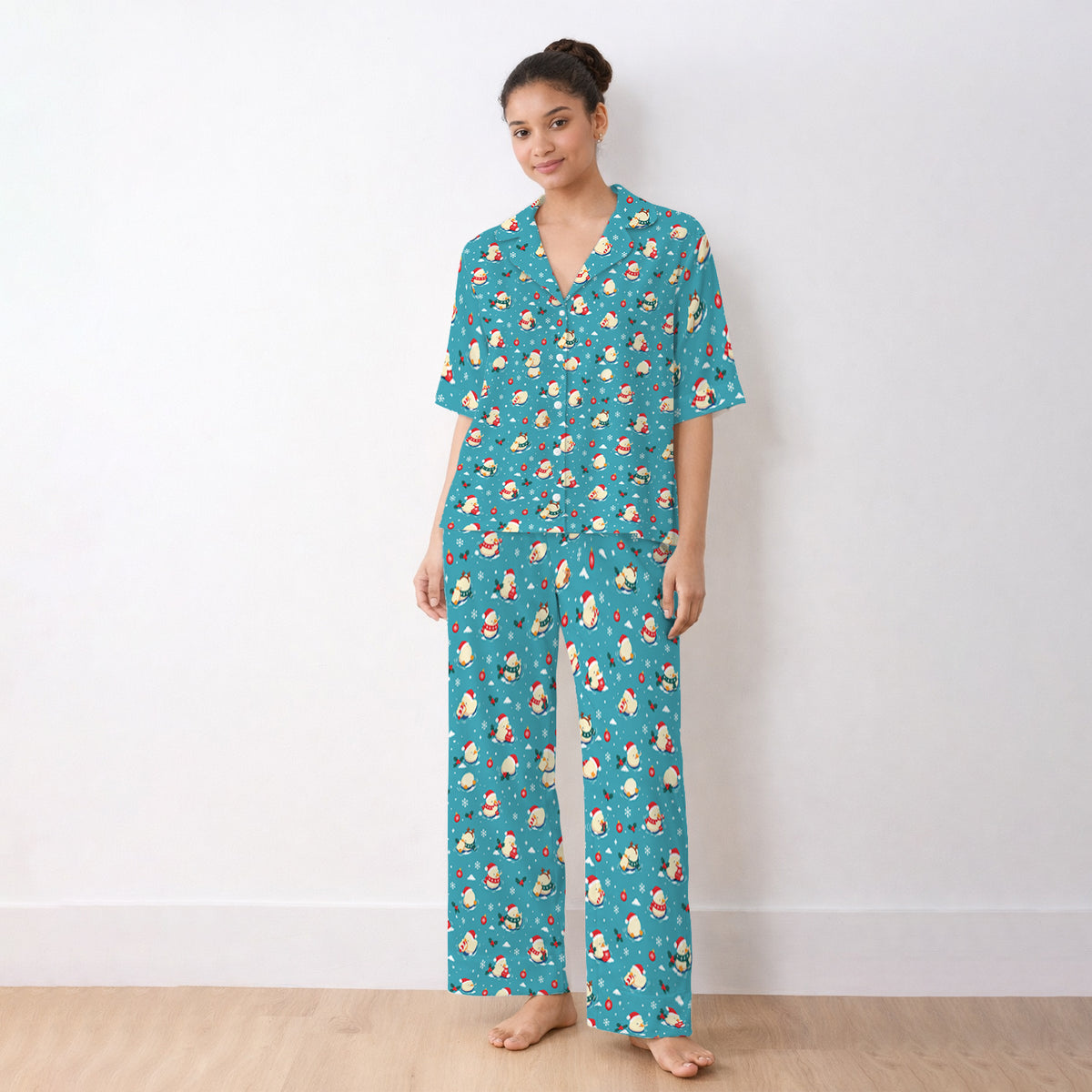 Christmas Ducks In Santa Hats Pajama Set, Soft Breathable Fabric Comfortable Sleepwear