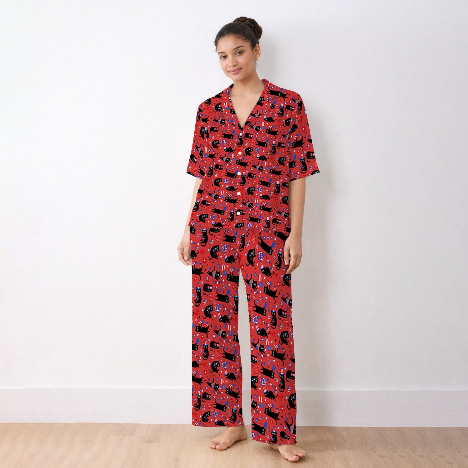 Patriotic Black Cat Pattern Pajama Set, Soft Breathable Fabric Comfortable Sleepwear