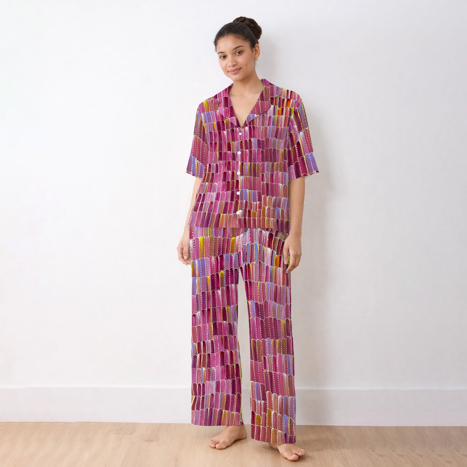 Colorful Abstract Brushstroke Dotted Pattern Pajama Set, Soft Breathable Fabric Comfortable Sleepwear