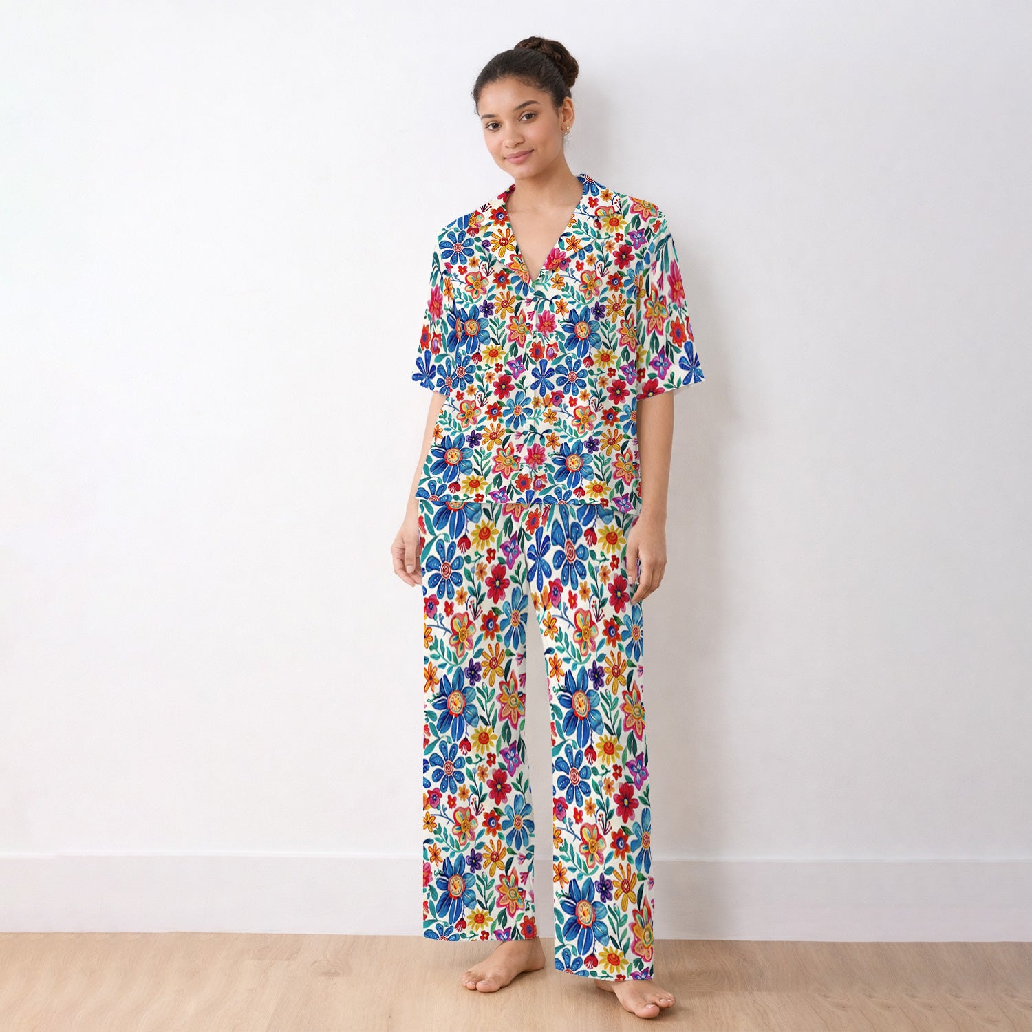 Colorful Folk Floral Print Pajama Set, Soft Breathable Fabric Comfortable Sleepwear