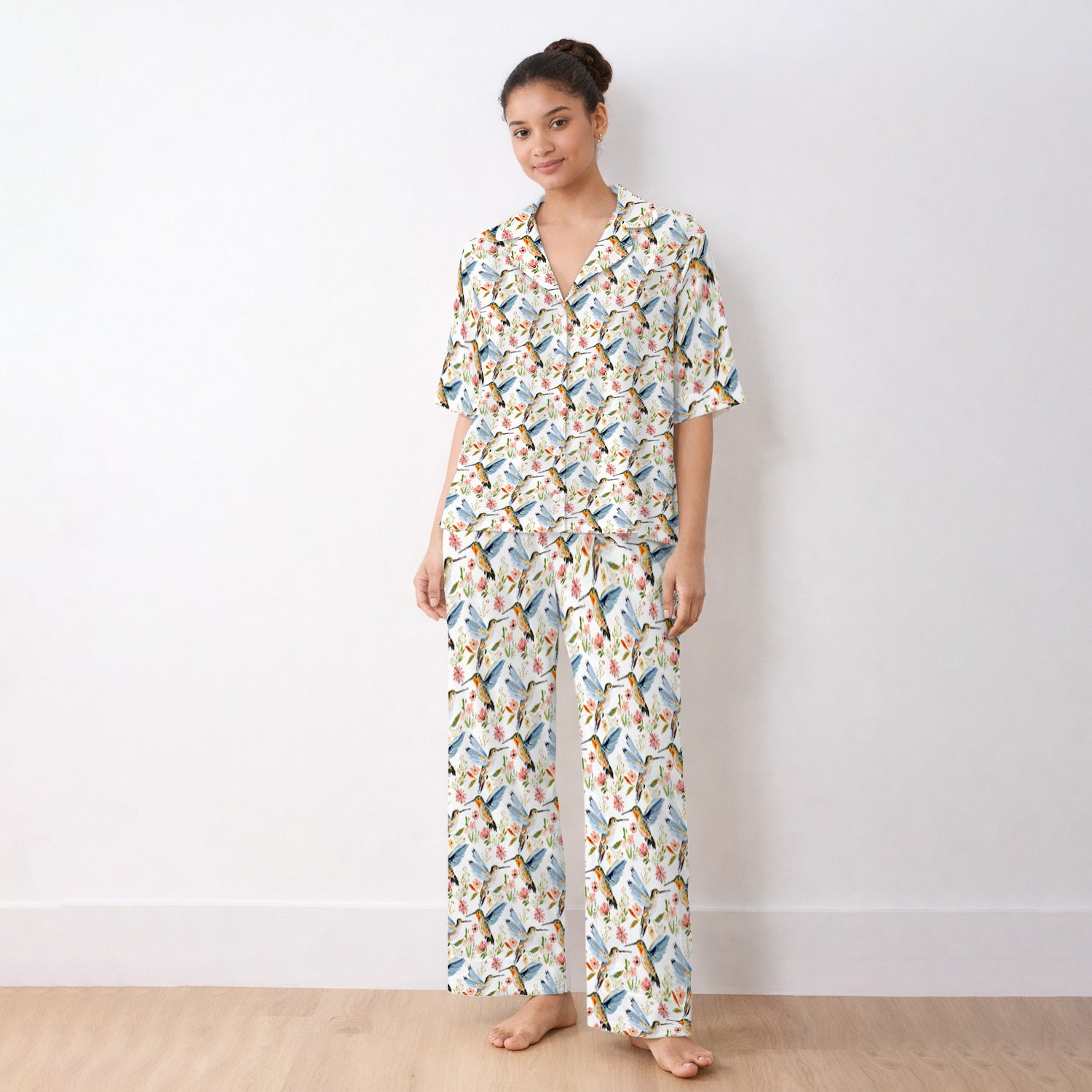 Watercolor Hummingbird Floral Pattern Pajama Set, Soft Breathable Fabric Comfortable Sleepwear